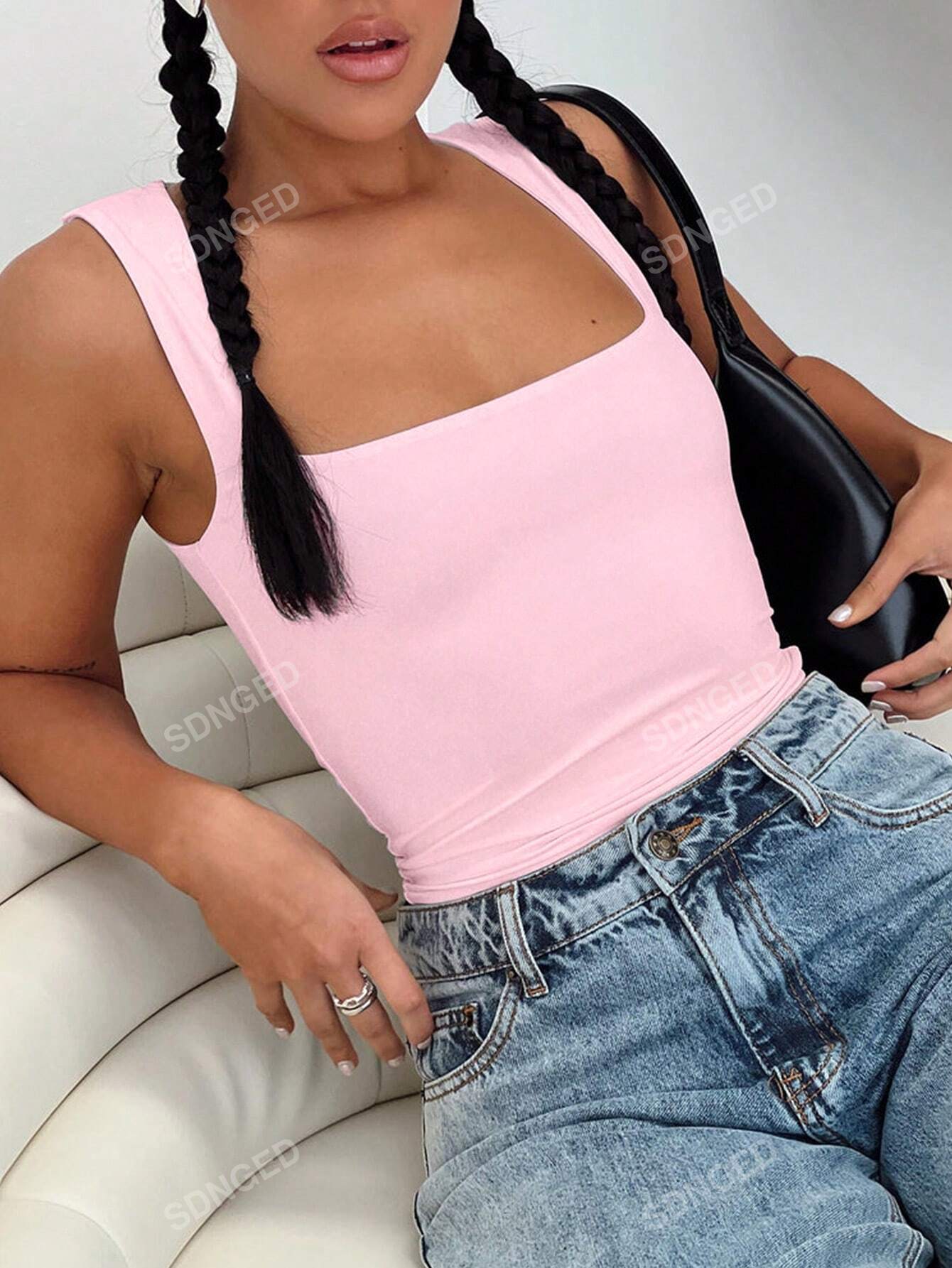 Ladies' Plain Double-Layer Pleated Square Collar Versatile Tank Top - Image 6