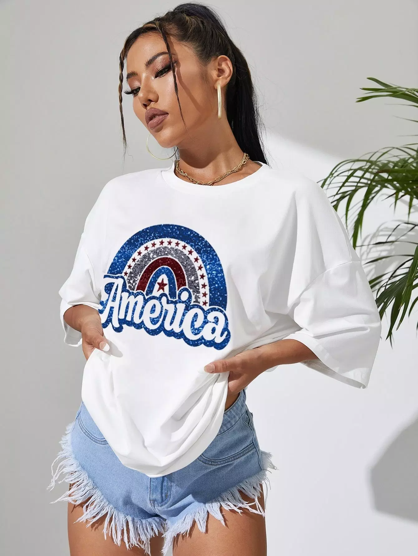 Letter & Rainbow Print Drop Shoulder Oversized Tee - Image 4