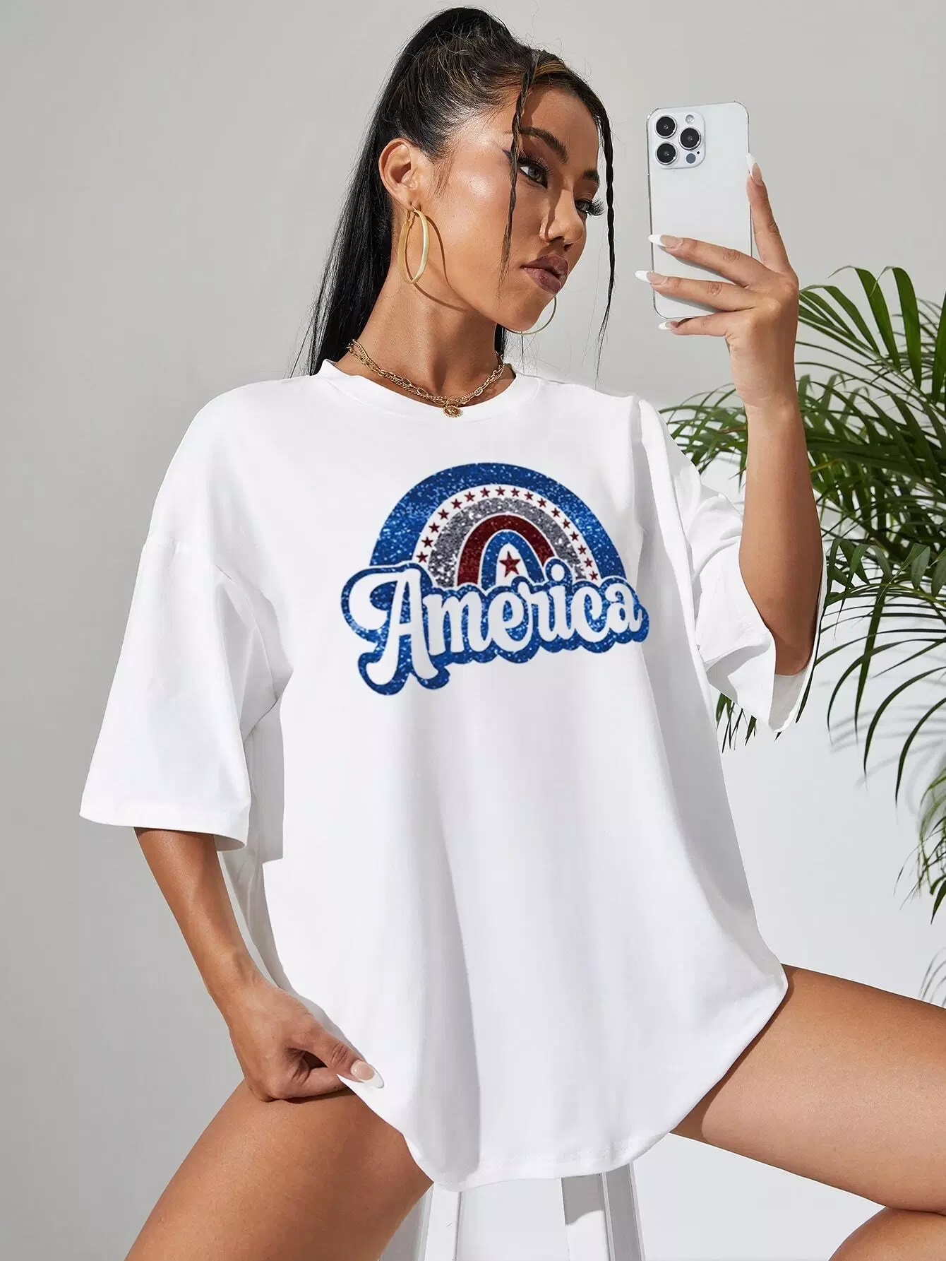 Letter & Rainbow Print Drop Shoulder Oversized Tee - Image 5