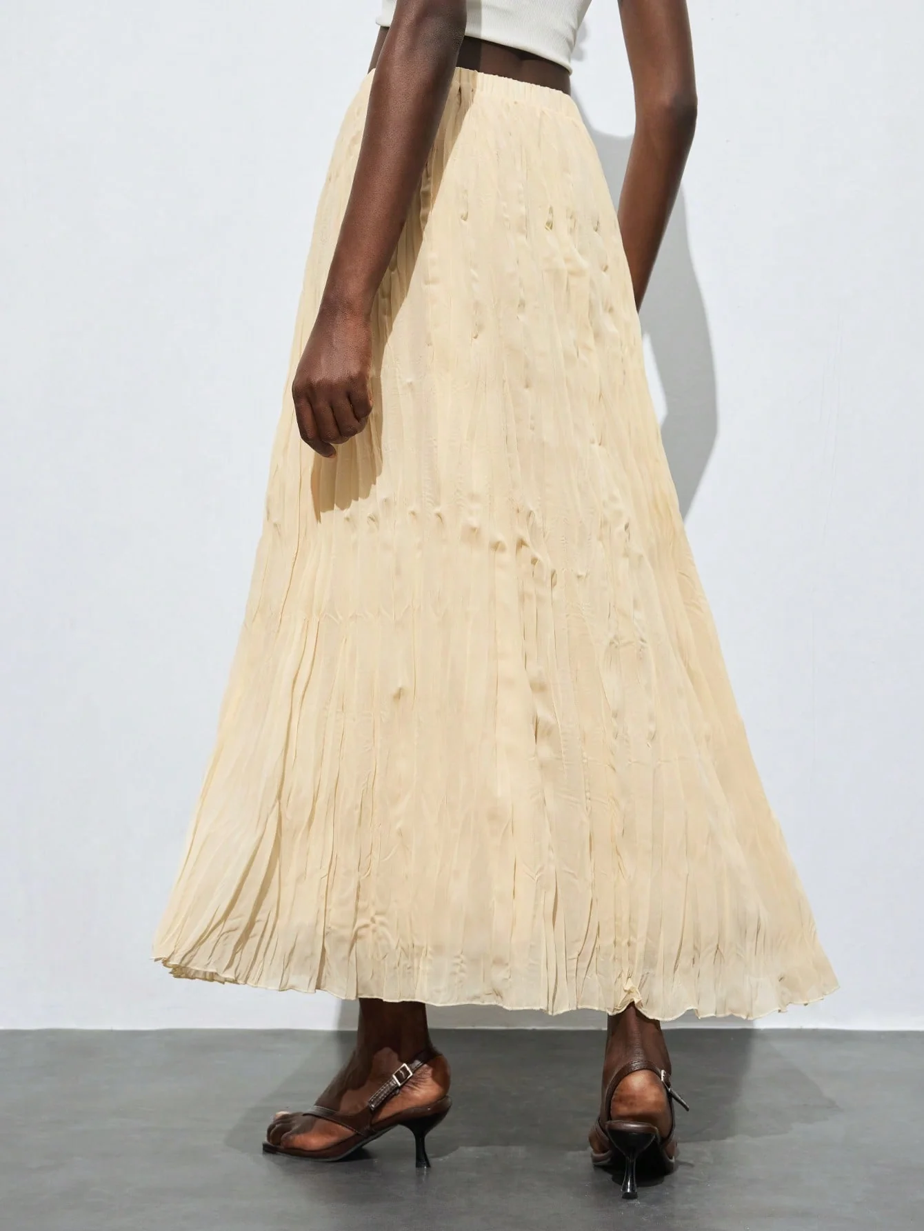 Maija 2025 Summer New Asymmetrical Ruffle Pleats Waist Elastic Drawstring Flowy Skirt - Image 3