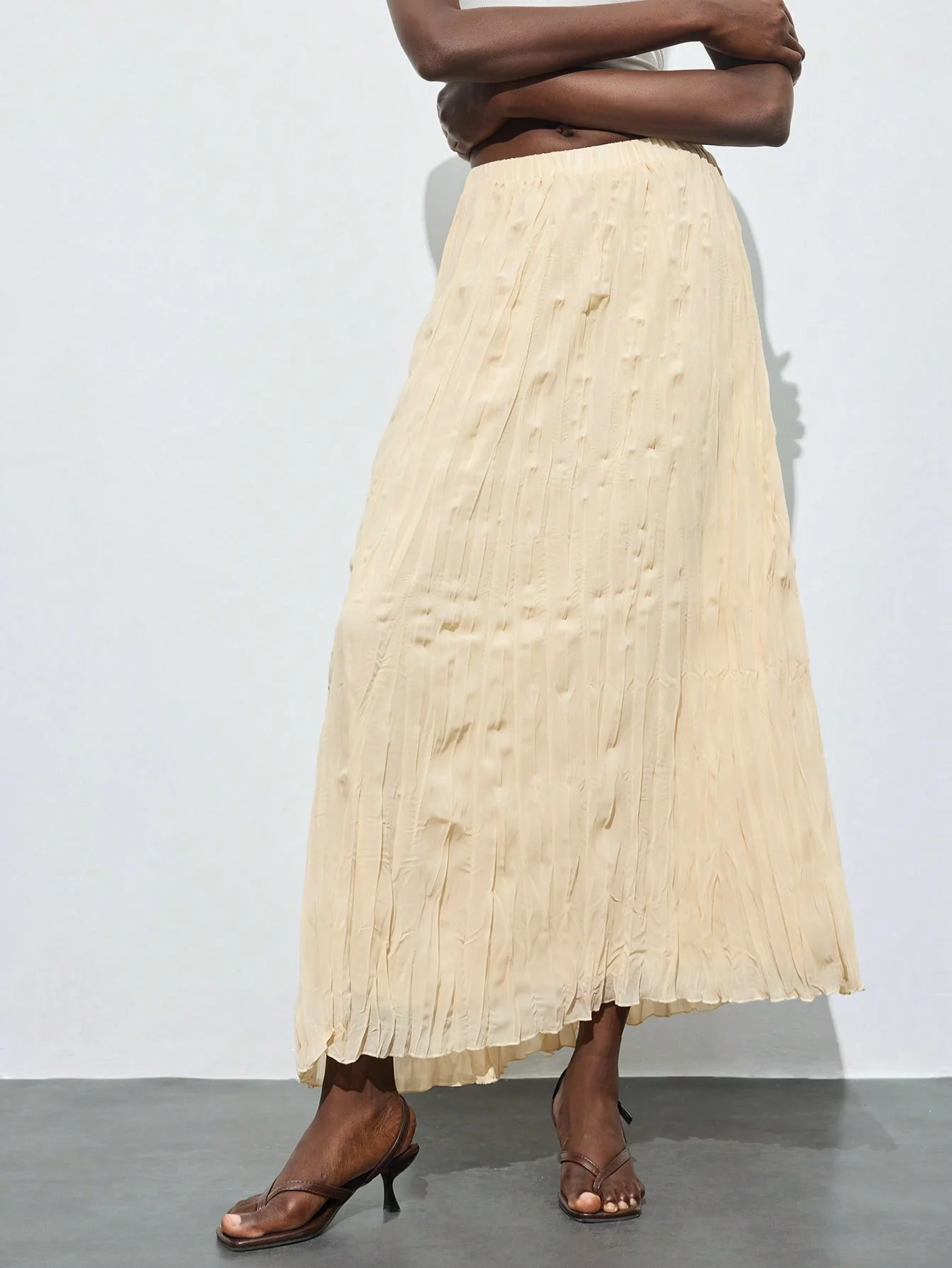 Maija 2025 Summer New Asymmetrical Ruffle Pleats Waist Elastic Drawstring Flowy Skirt - Image 4