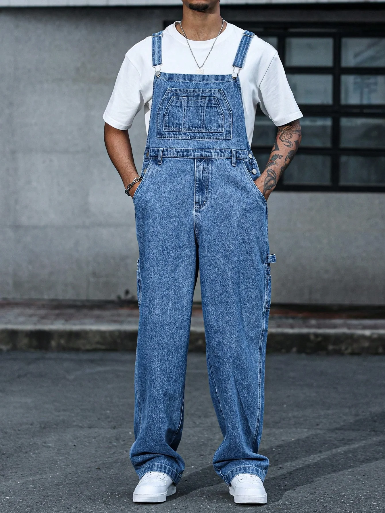 Manfinity Homme Men's Pocketed Wide Leg Loose Casual Denim Bib Overalls - Image 6