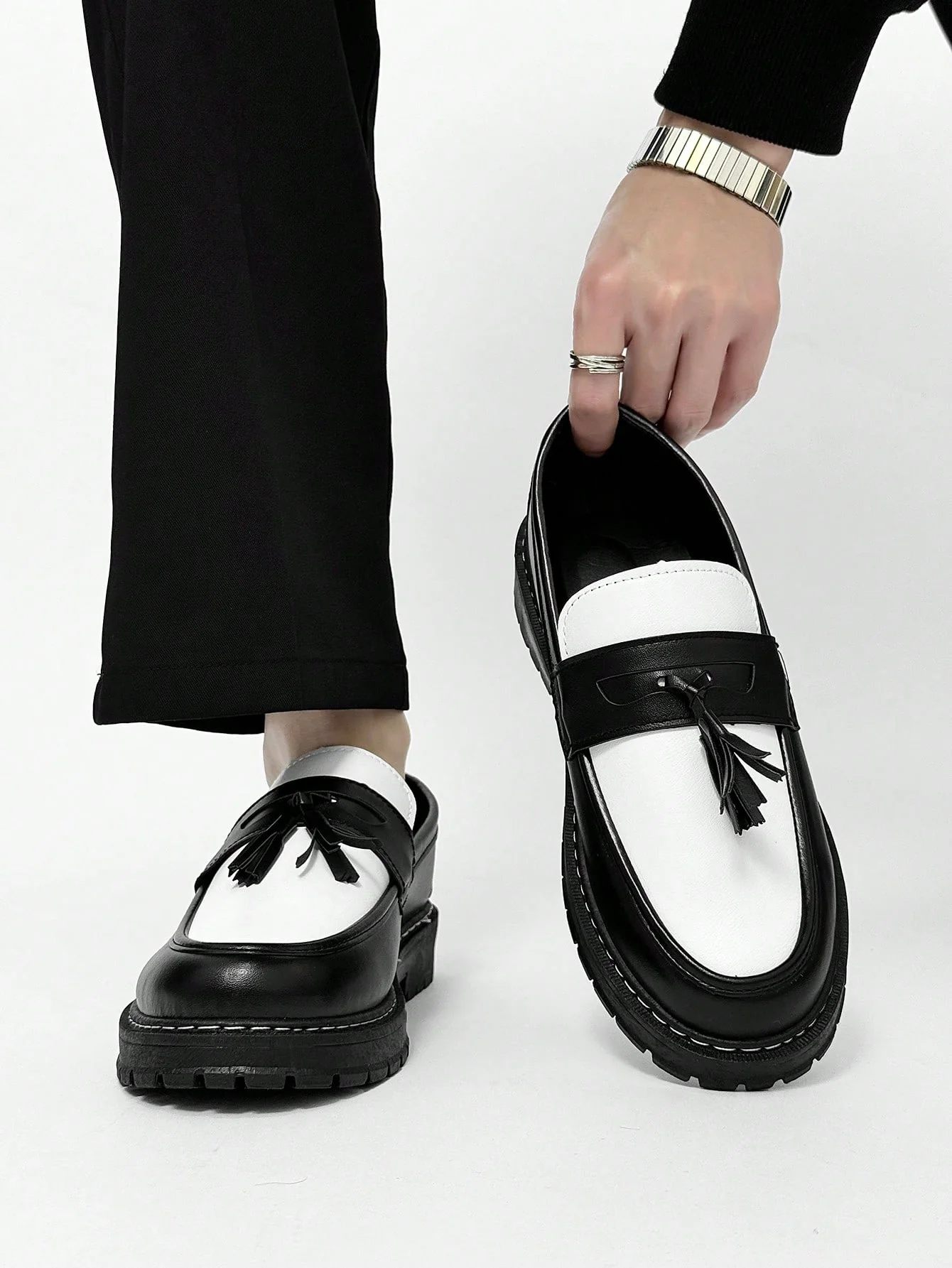 Men's Casual Thick Sole Slip-On Increased Height Plain Black Leather Shoes - Image 4