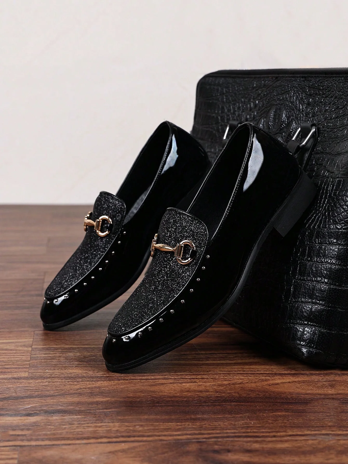 Men's Colorful Pattern Loafers With Sequin Elements, Soft Leather Slip-On Casual Dress Shoes, Pointed - Image 3