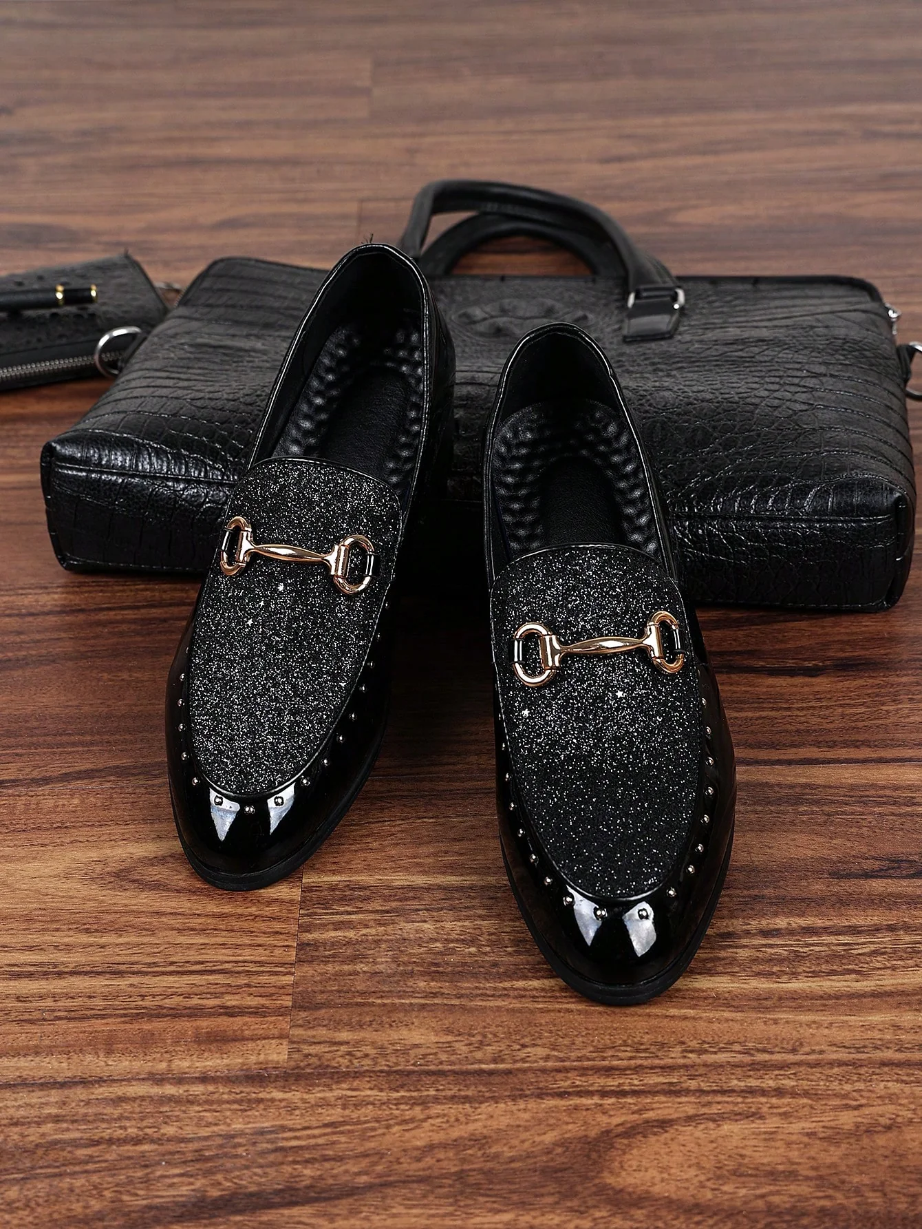Men's Colorful Pattern Loafers With Sequin Elements, Soft Leather Slip-On Casual Dress Shoes, Pointed - Image 4