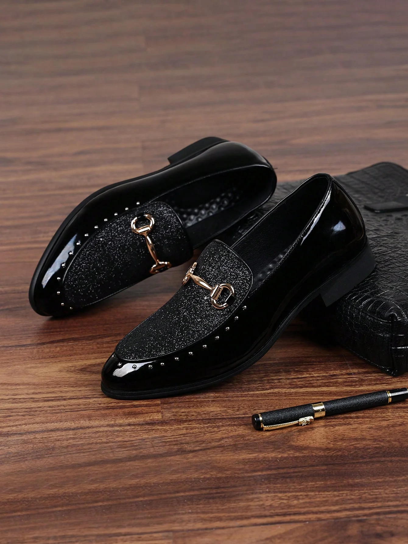 Men's Colorful Pattern Loafers With Sequin Elements, Soft Leather Slip-On Casual Dress Shoes, Pointed - Image 6