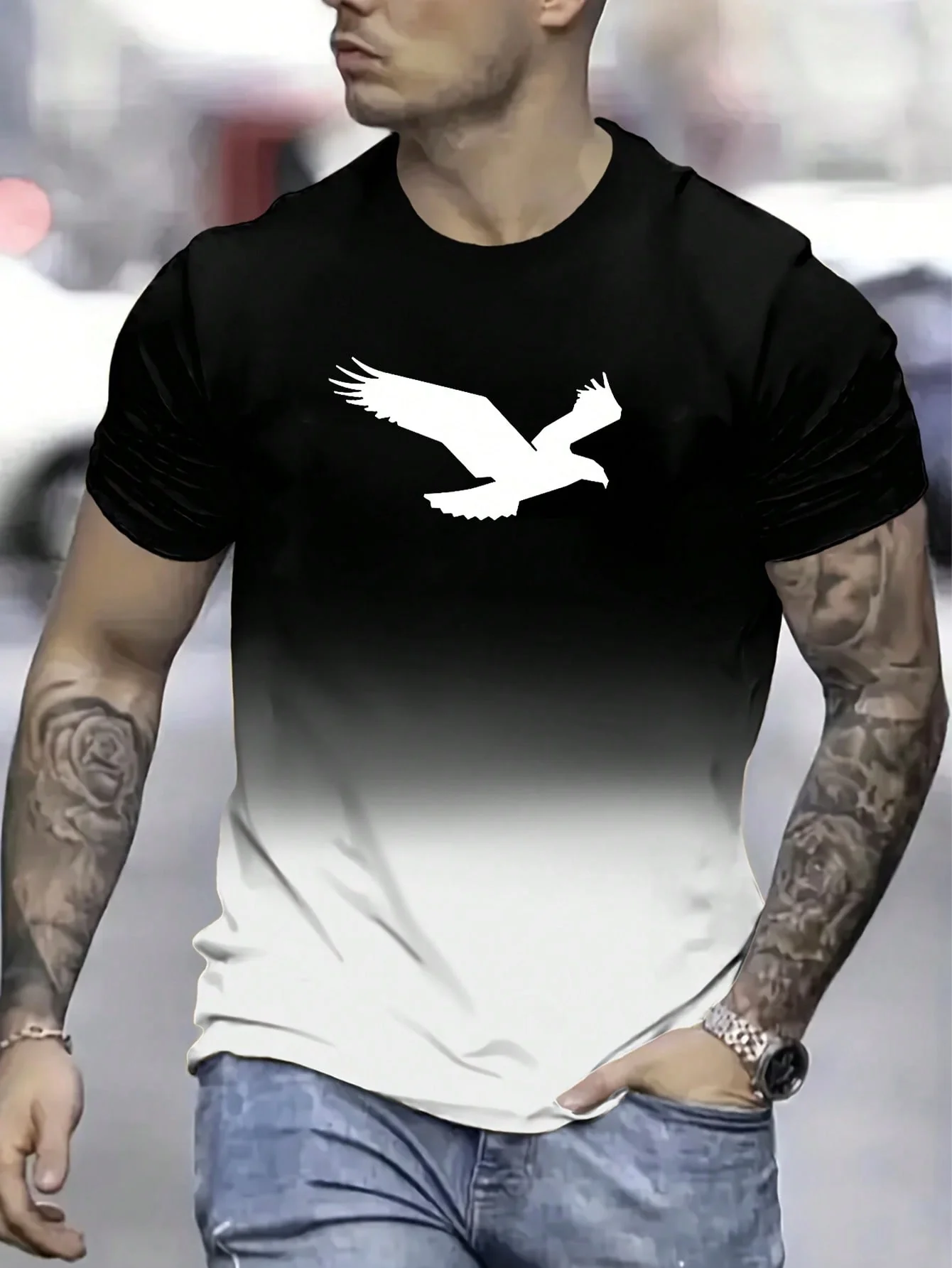 Men's Digital Print Ombre Crew Neck Short Sleeve T-Shirt - Image 3