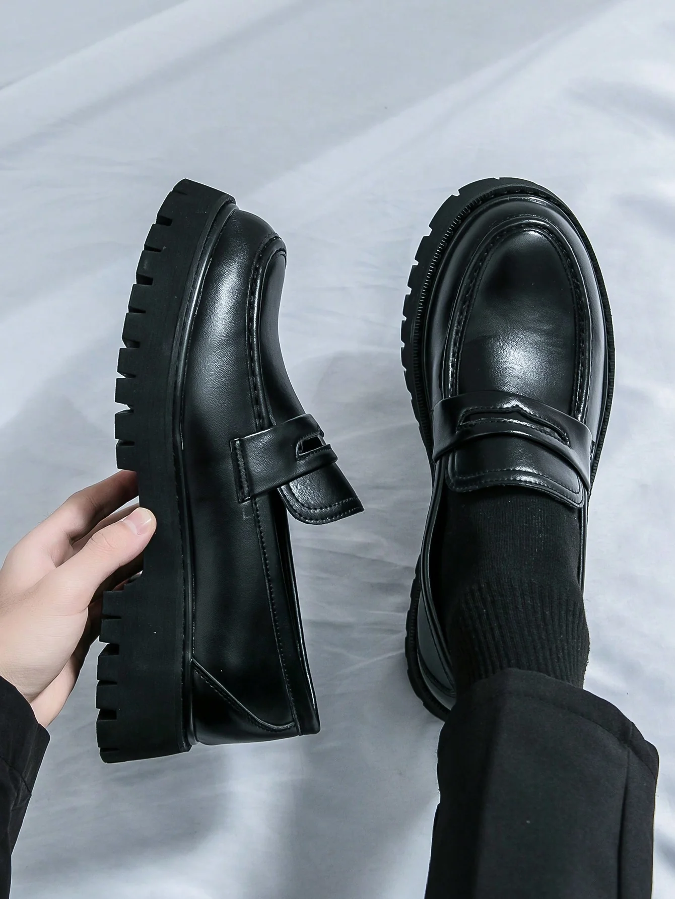 Men's Slip-On Loafers - Glossy Black Thick-Soled Non-Slip Fashionable Office Casual Shoes - Image 3