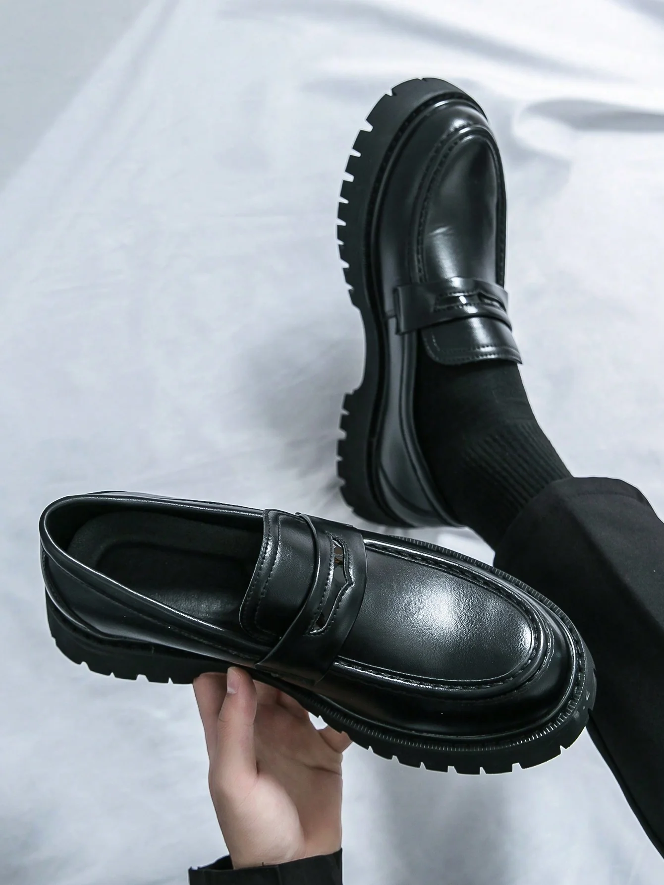 Men's Slip-On Loafers - Glossy Black Thick-Soled Non-Slip Fashionable Office Casual Shoes - Image 4
