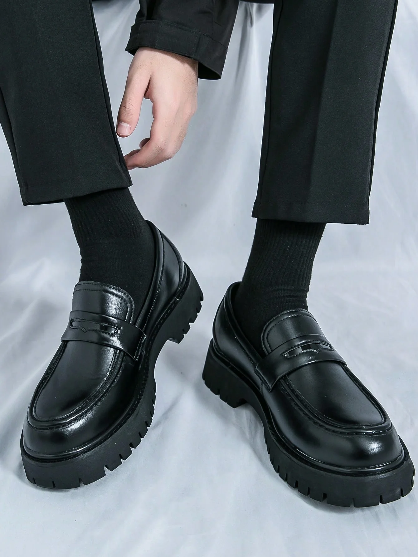 Men's Slip-On Loafers - Glossy Black Thick-Soled Non-Slip Fashionable Office Casual Shoes - Image 5