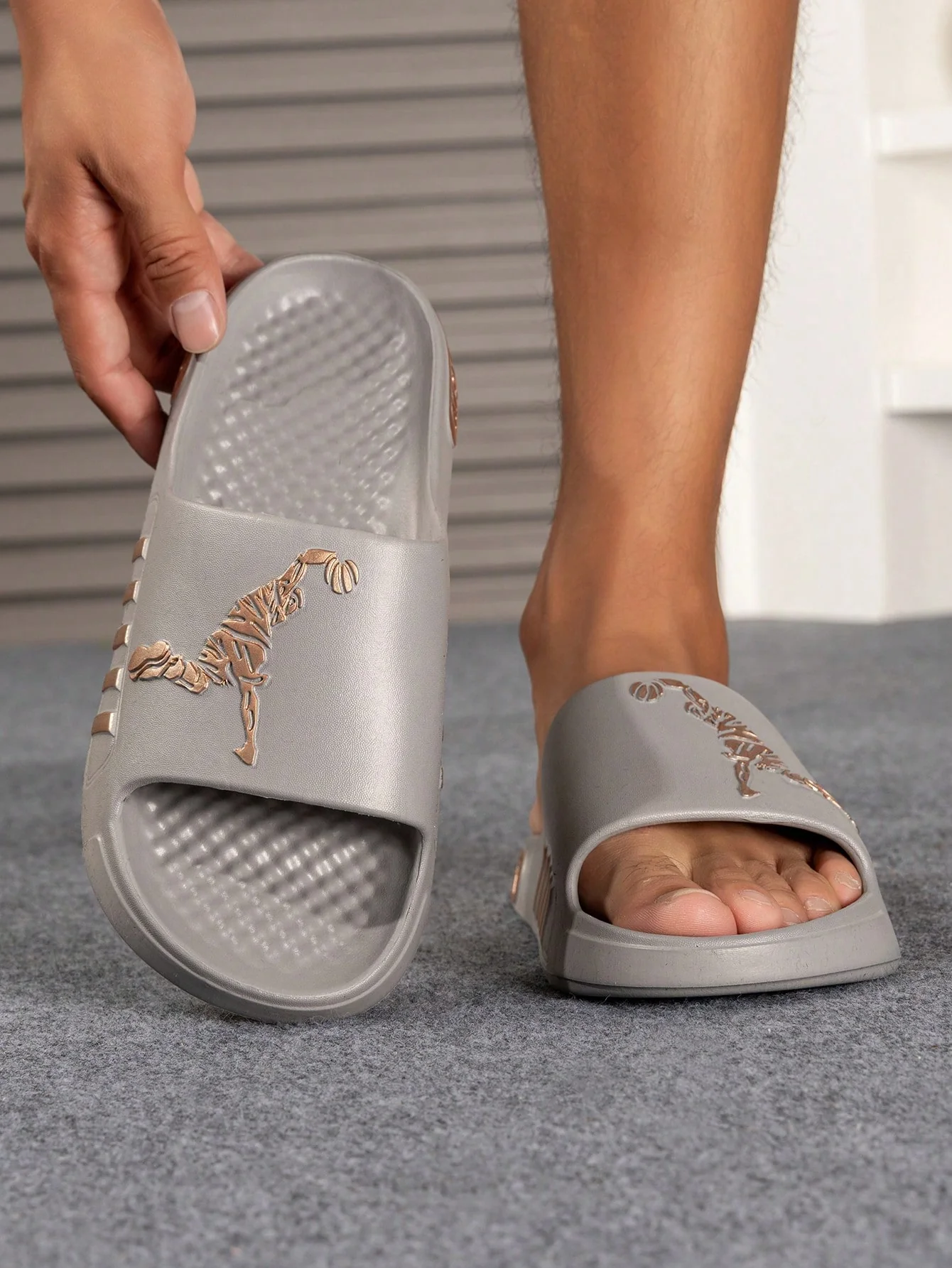 Men's Sports Slippers With Golden Foil Human Portrait & Letter Design - Image 4
