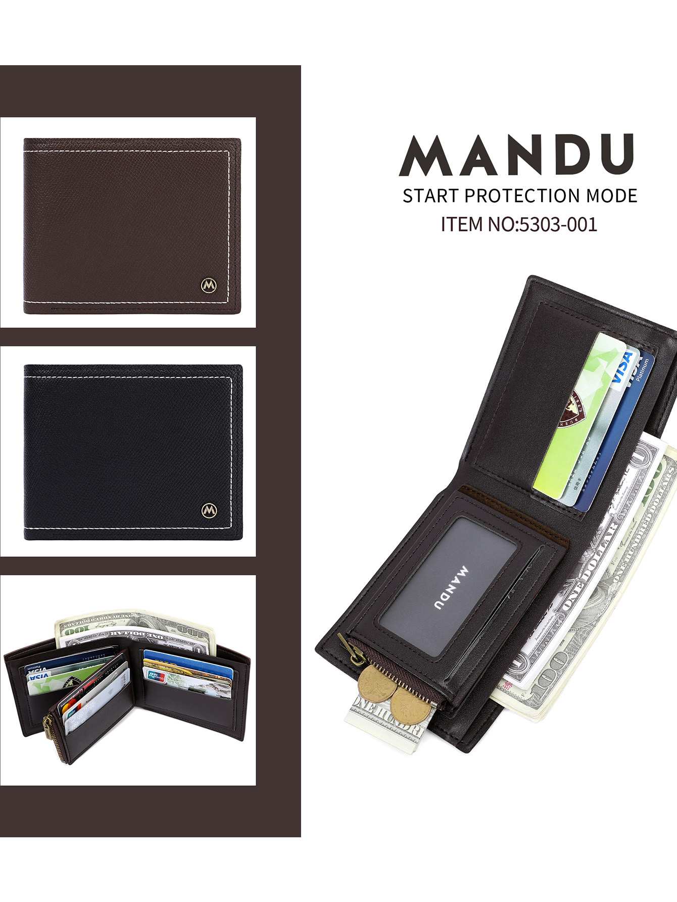 Men's wallet with leather effect and white stitching - Coffee Brown - Image 3