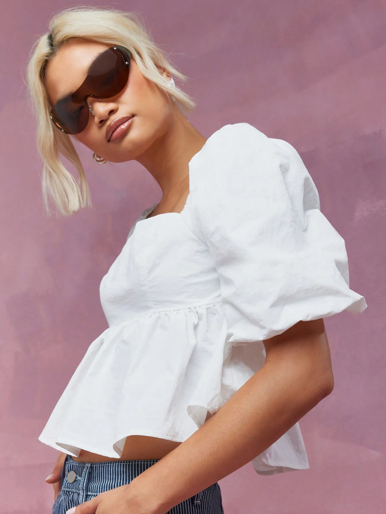 MISSGUIDED Square Neck Balloon Sleeves Peplum Top With Scrunchie - Image 3