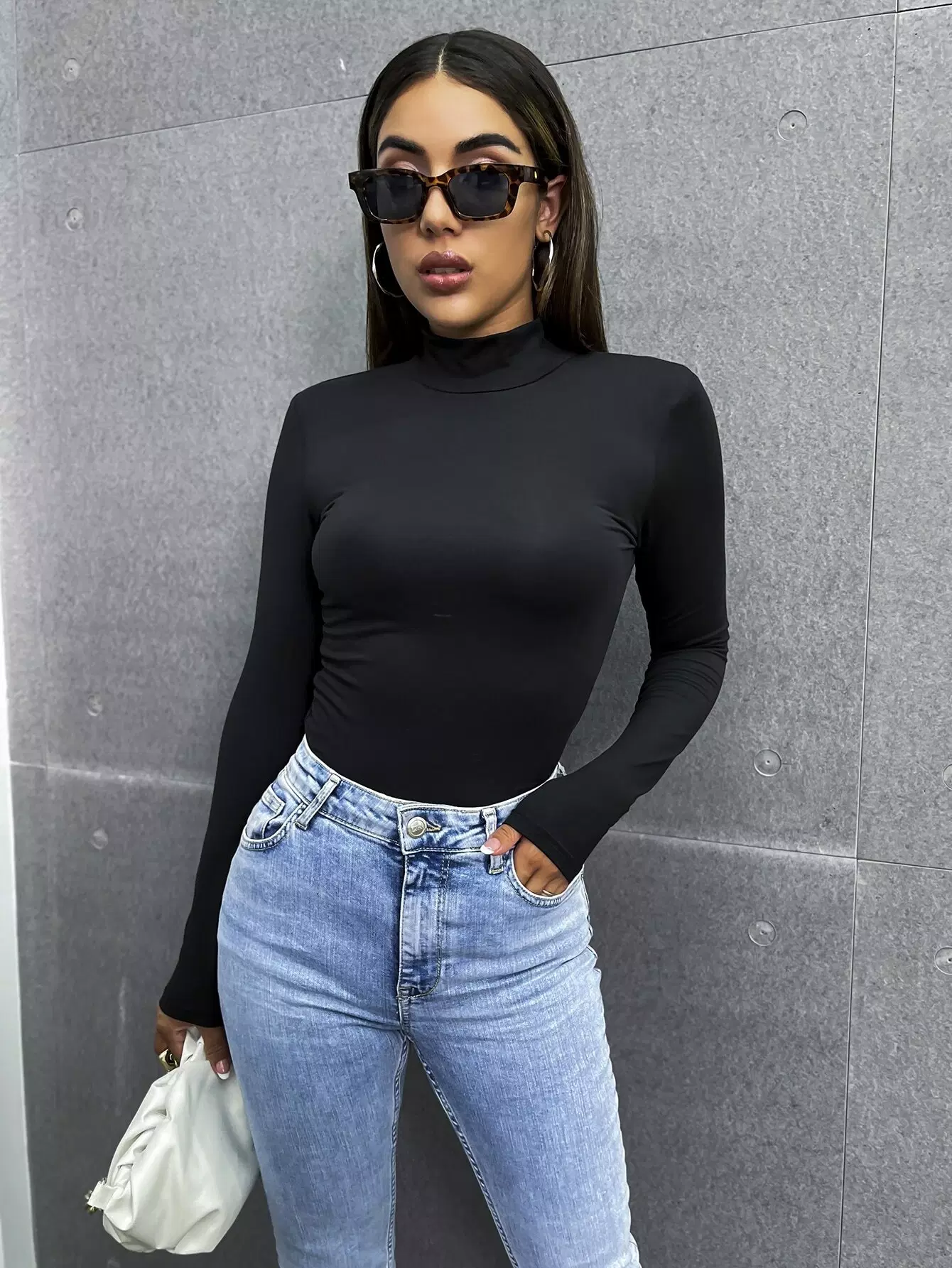 Mock-neck Solid Fitted Tee - Image 3