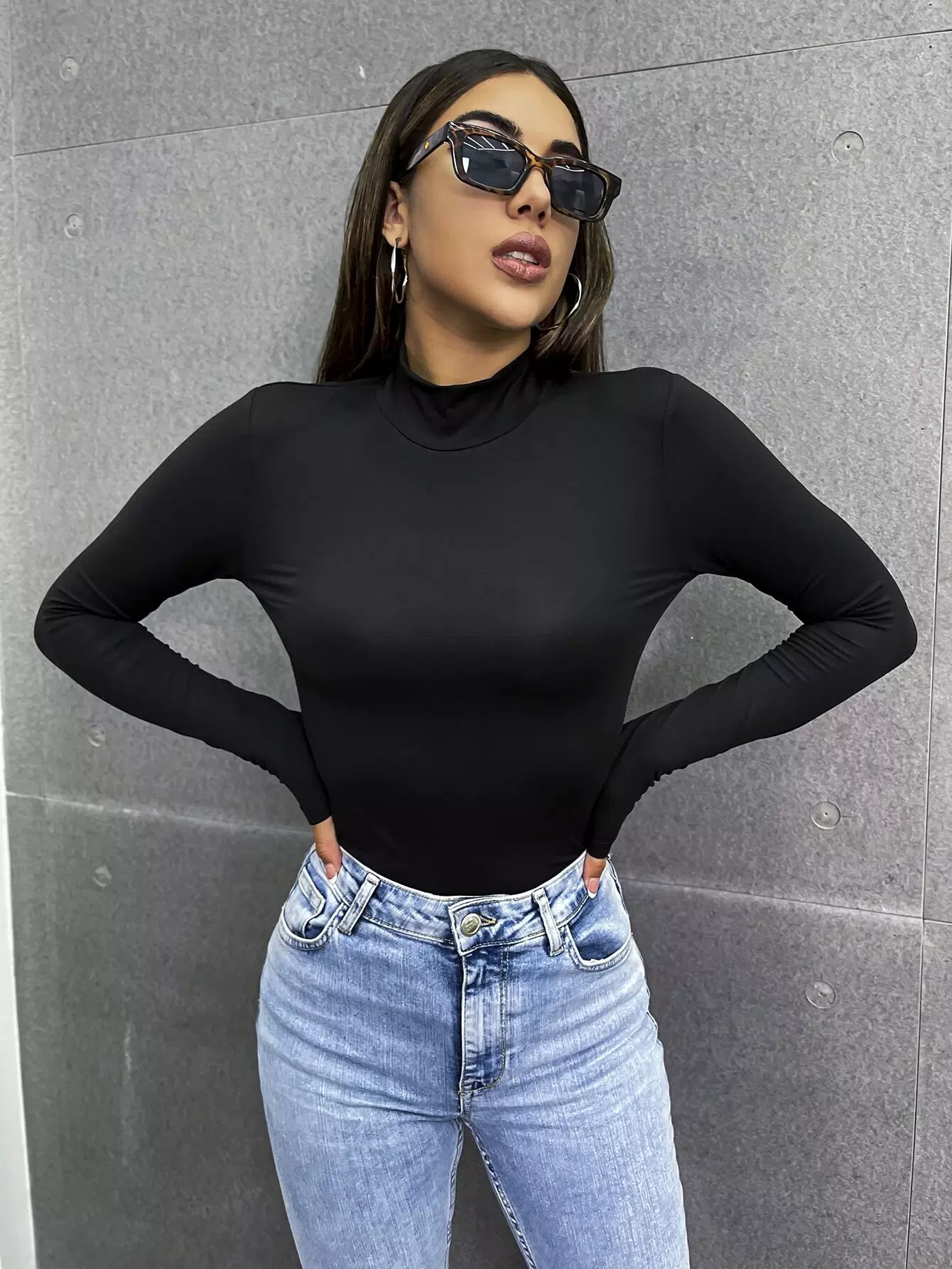 Mock-neck Solid Fitted Tee - Image 6