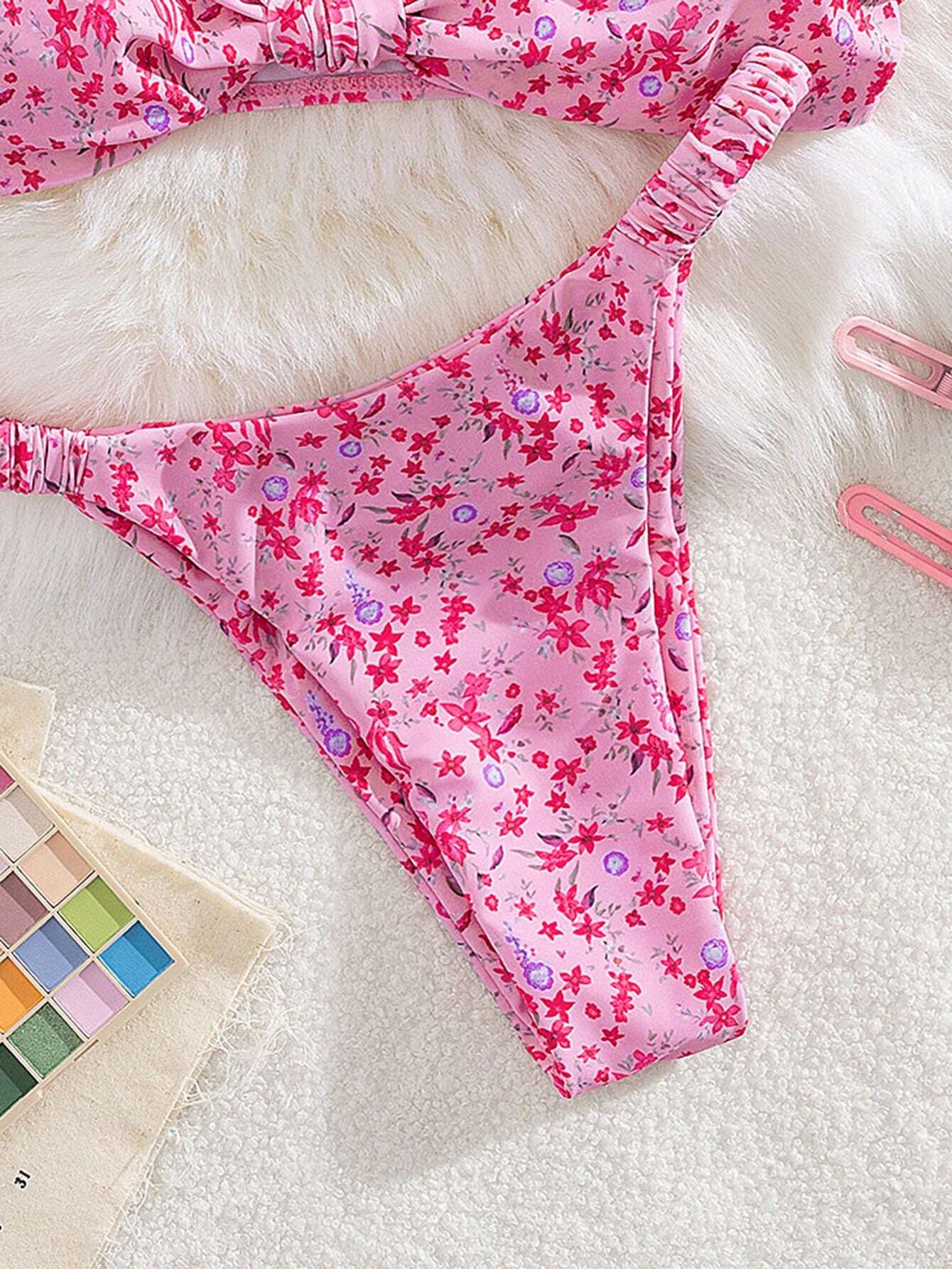 New Soft Fabric Ditsy Floral Thick Strap Elegant Sexy Party Bikini Set - Image 7