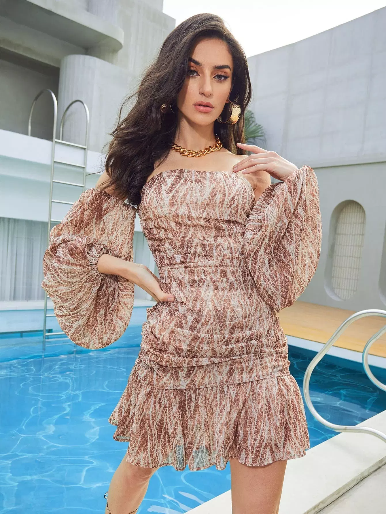 Off Shoulder Lantern Sleeve Ruffle Hem Ruched Snakeskin Print Dress - Image 4