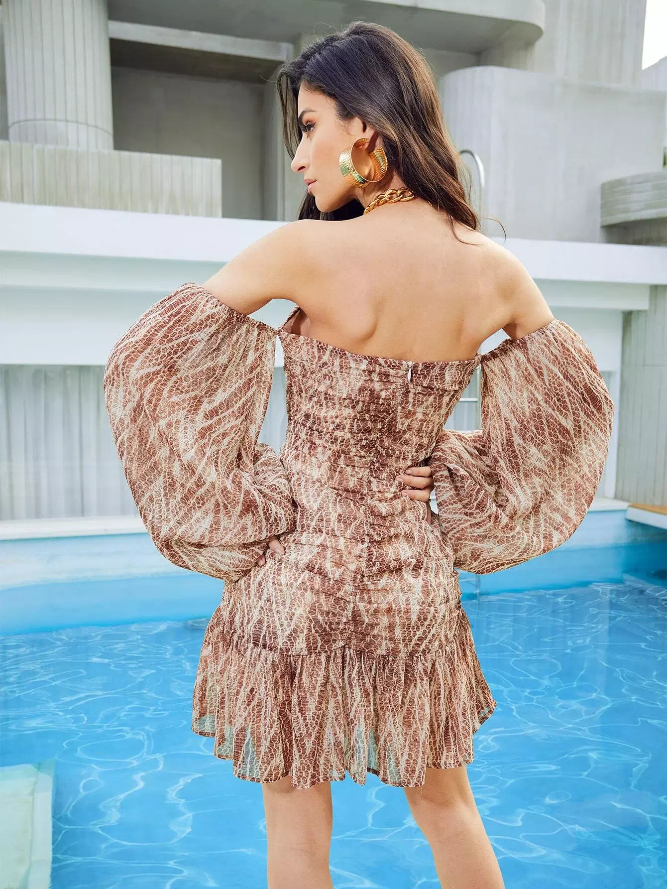 Off Shoulder Lantern Sleeve Ruffle Hem Ruched Snakeskin Print Dress - Image 6