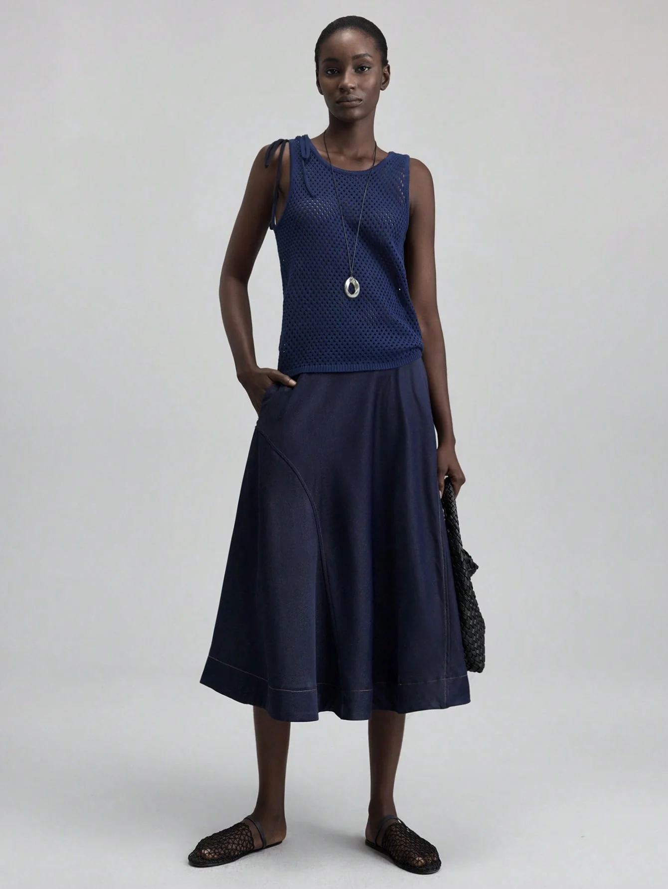 Ontre 2025 Summer Women's Solid Color Pocket Mid-Length Skirt - Image 3