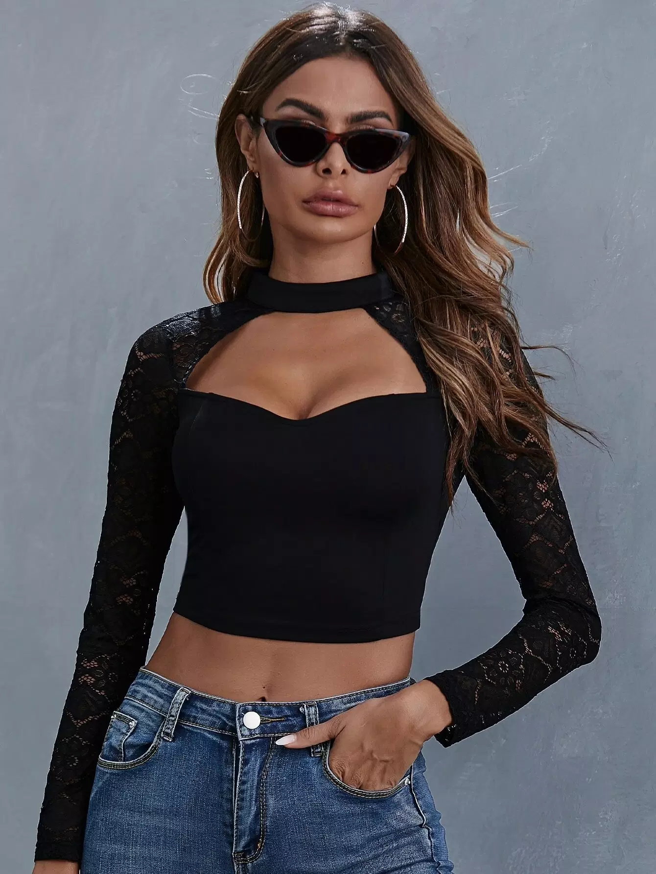 Open Front Lace Panel Exposed Zipper Back Crop Top - Image 6