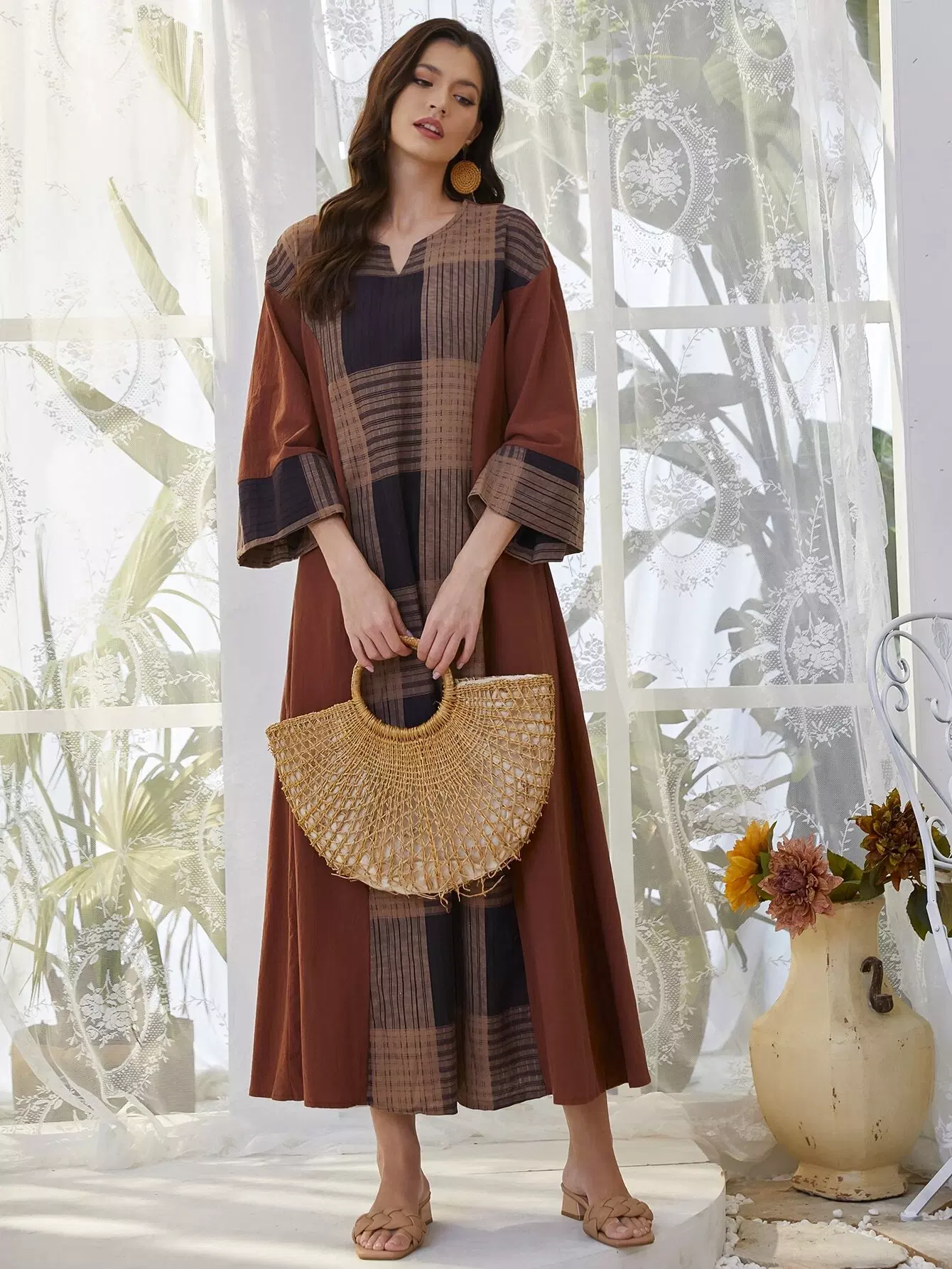 Plaid Notched Neck Tunic Dress - Image 3