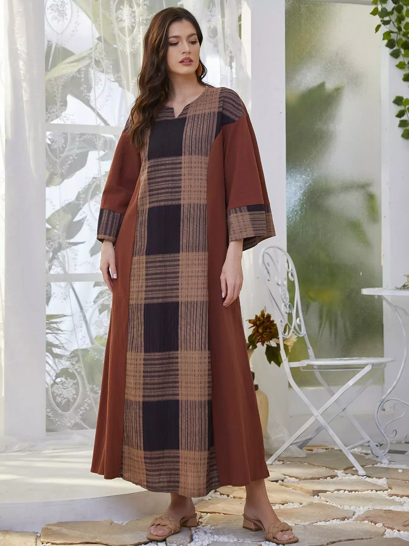 Plaid Notched Neck Tunic Dress - Image 4