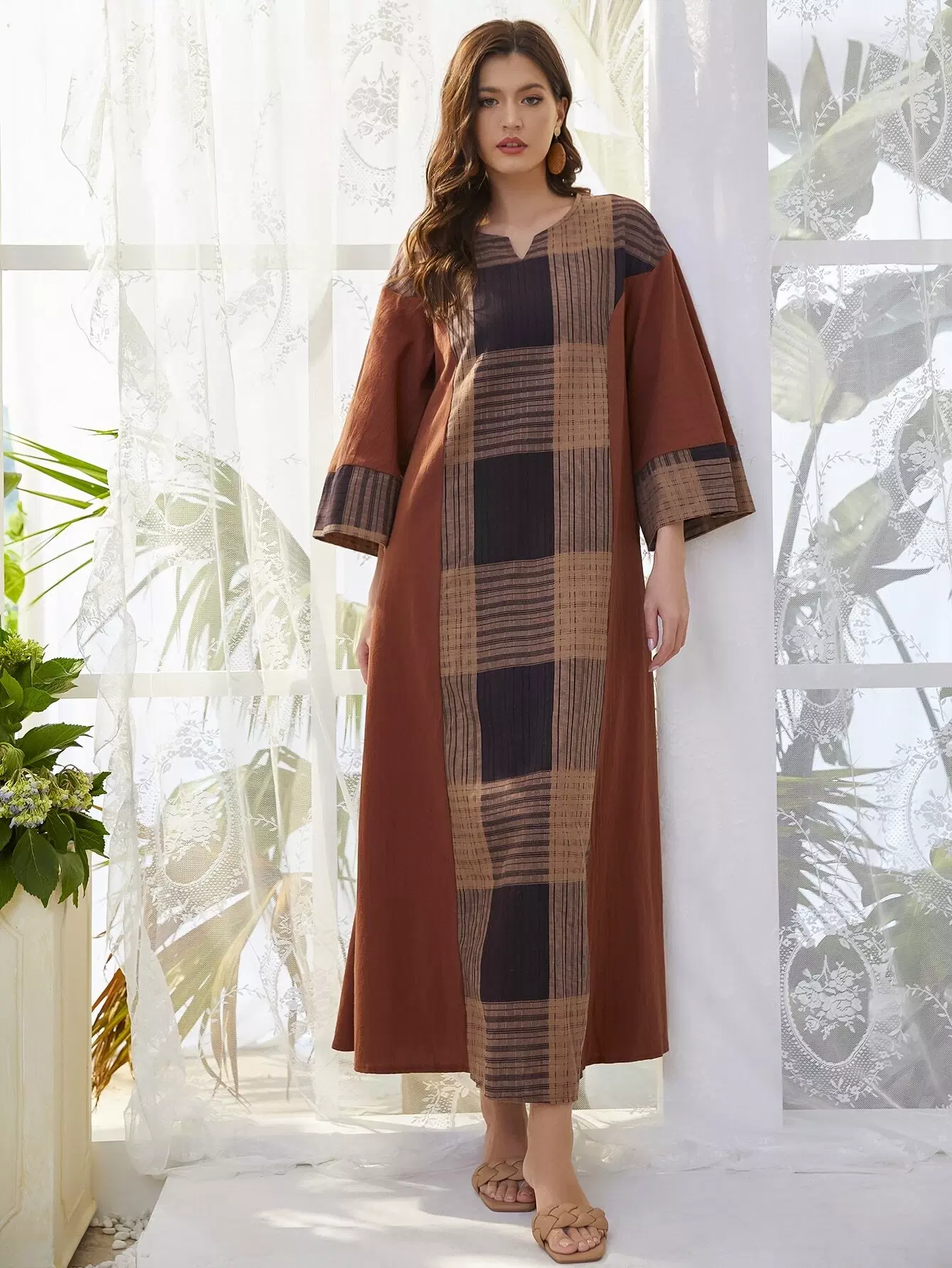 Plaid Notched Neck Tunic Dress - Image 5