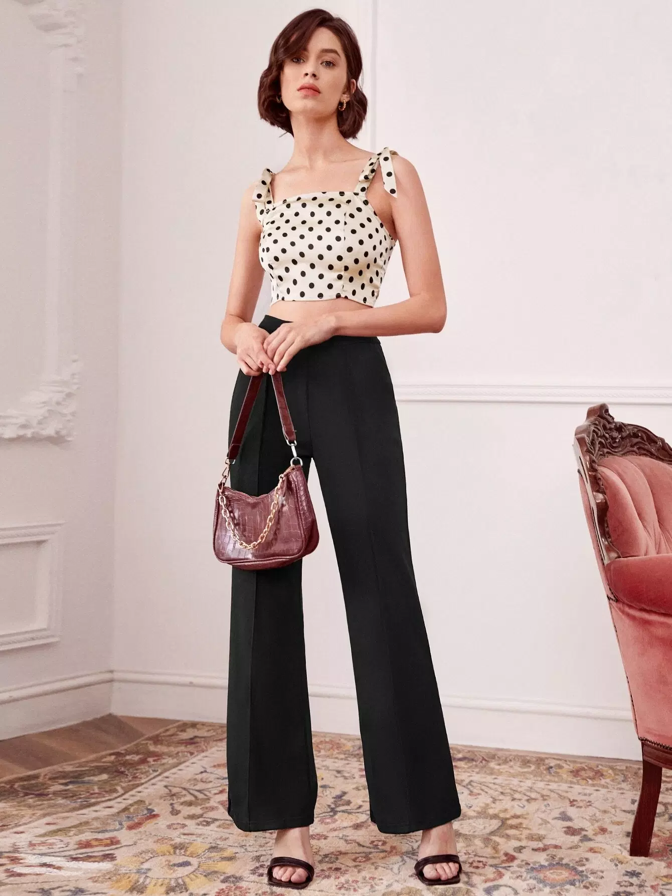 Polka Dot Print Knot Shoulder Crop Tank Top - Image 3