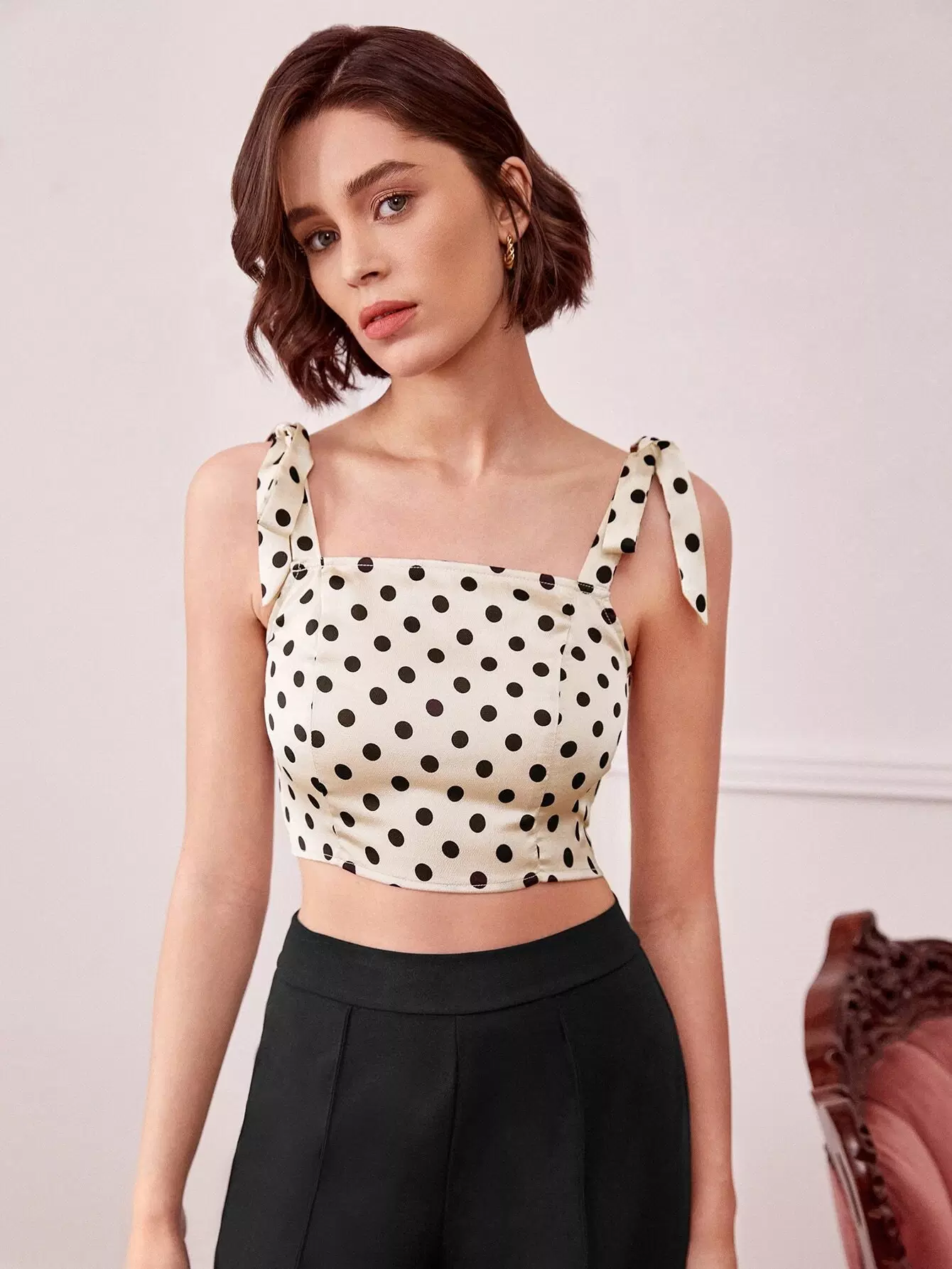 Polka Dot Print Knot Shoulder Crop Tank Top - Image 5