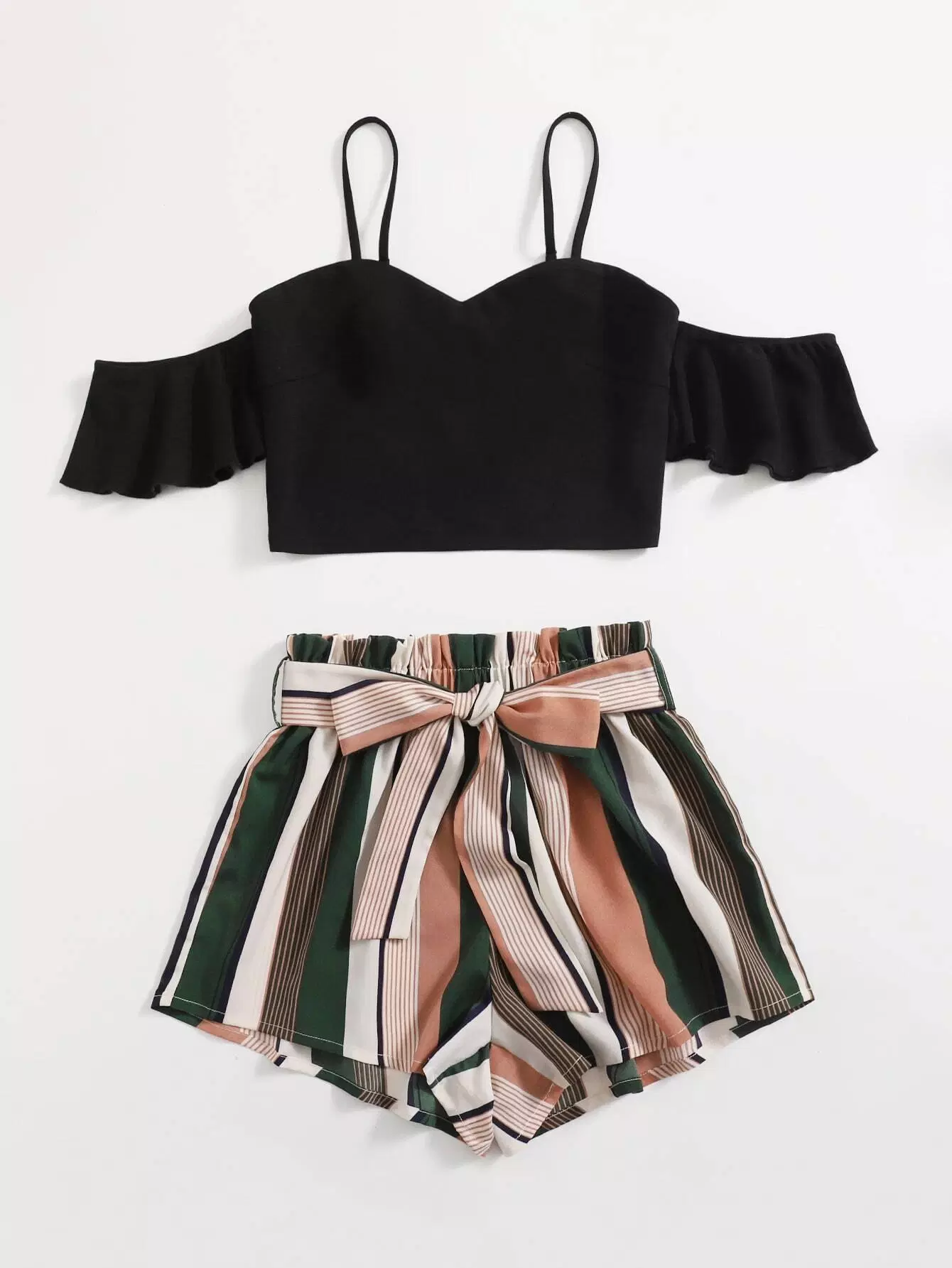 Ruffle Cuff Cold Shoulder Top & Paperbag Waist Striped Shorts Set Without Belt - Image 3