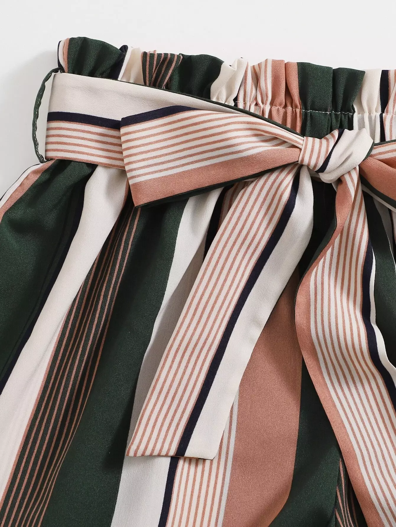 Ruffle Cuff Cold Shoulder Top & Paperbag Waist Striped Shorts Set Without Belt - Image 5