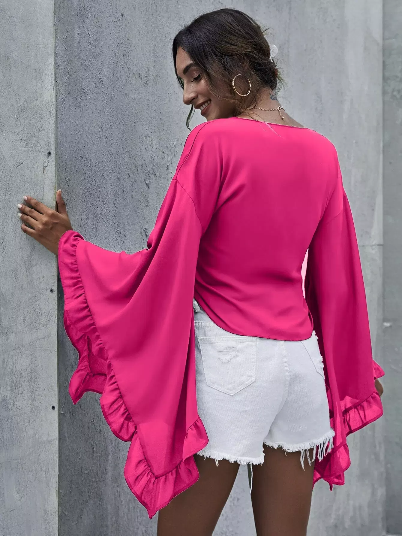 Ruffle Trim Flounce Sleeve Tie Front Crop Top - Image 3