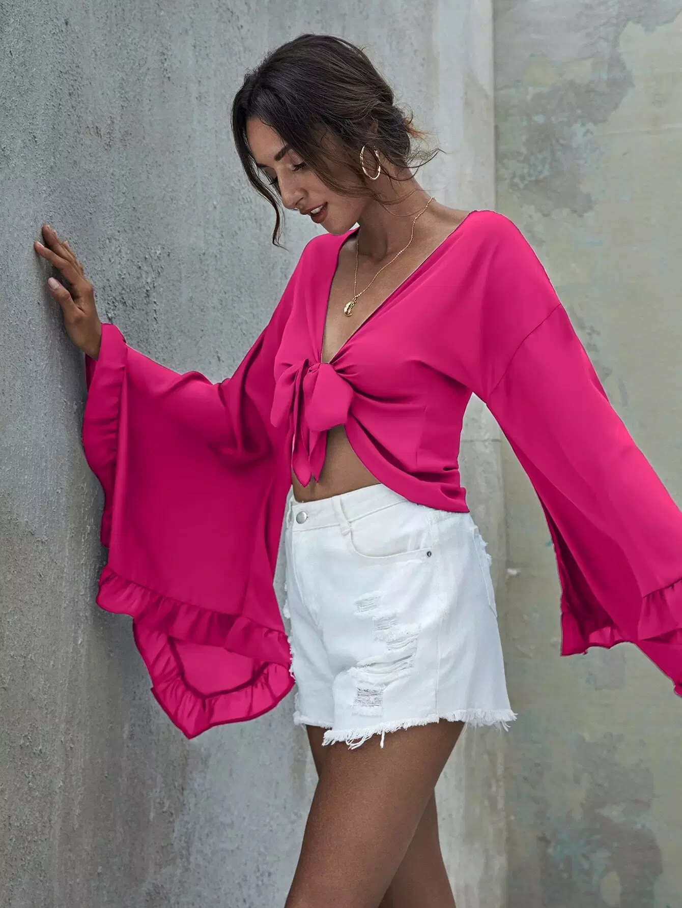 Ruffle Trim Flounce Sleeve Tie Front Crop Top - Image 4