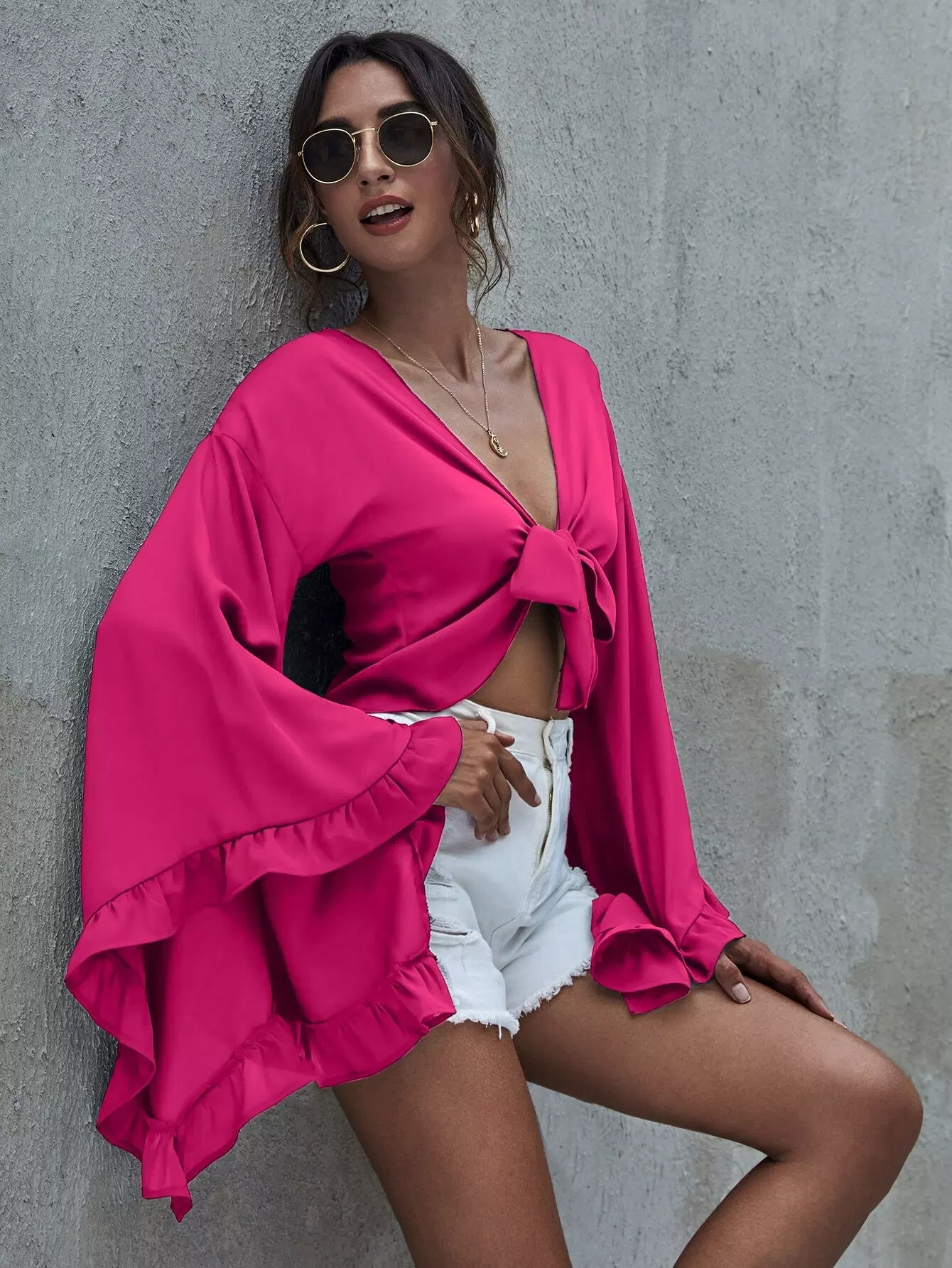 Ruffle Trim Flounce Sleeve Tie Front Crop Top - Image 6