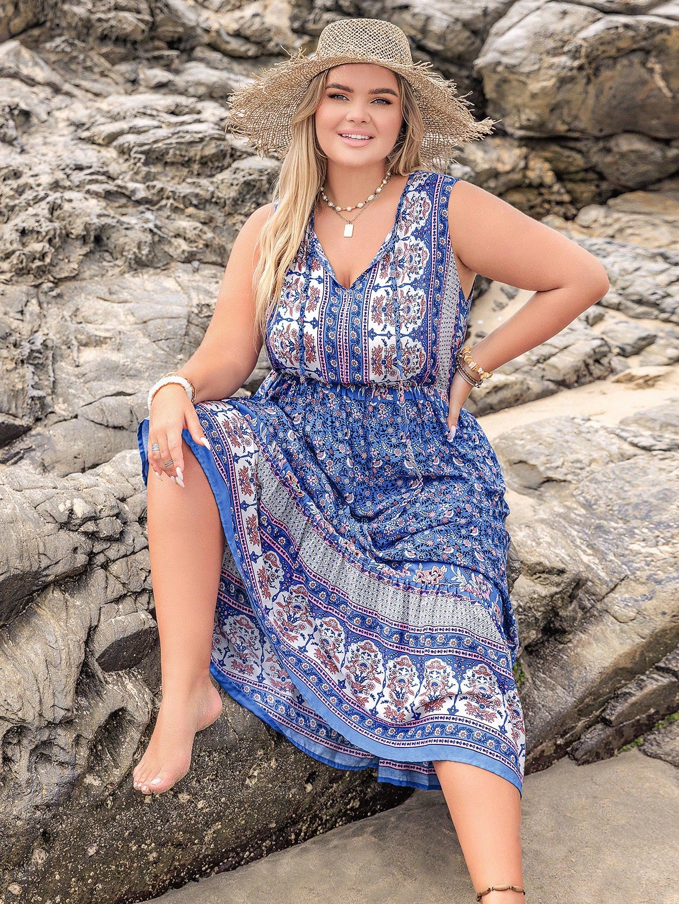Rusttydustty Women Plus Size Blue Floral V-Neck Tall Waist Vest Dress Normal Music Festival Beach Vacation - Image 4