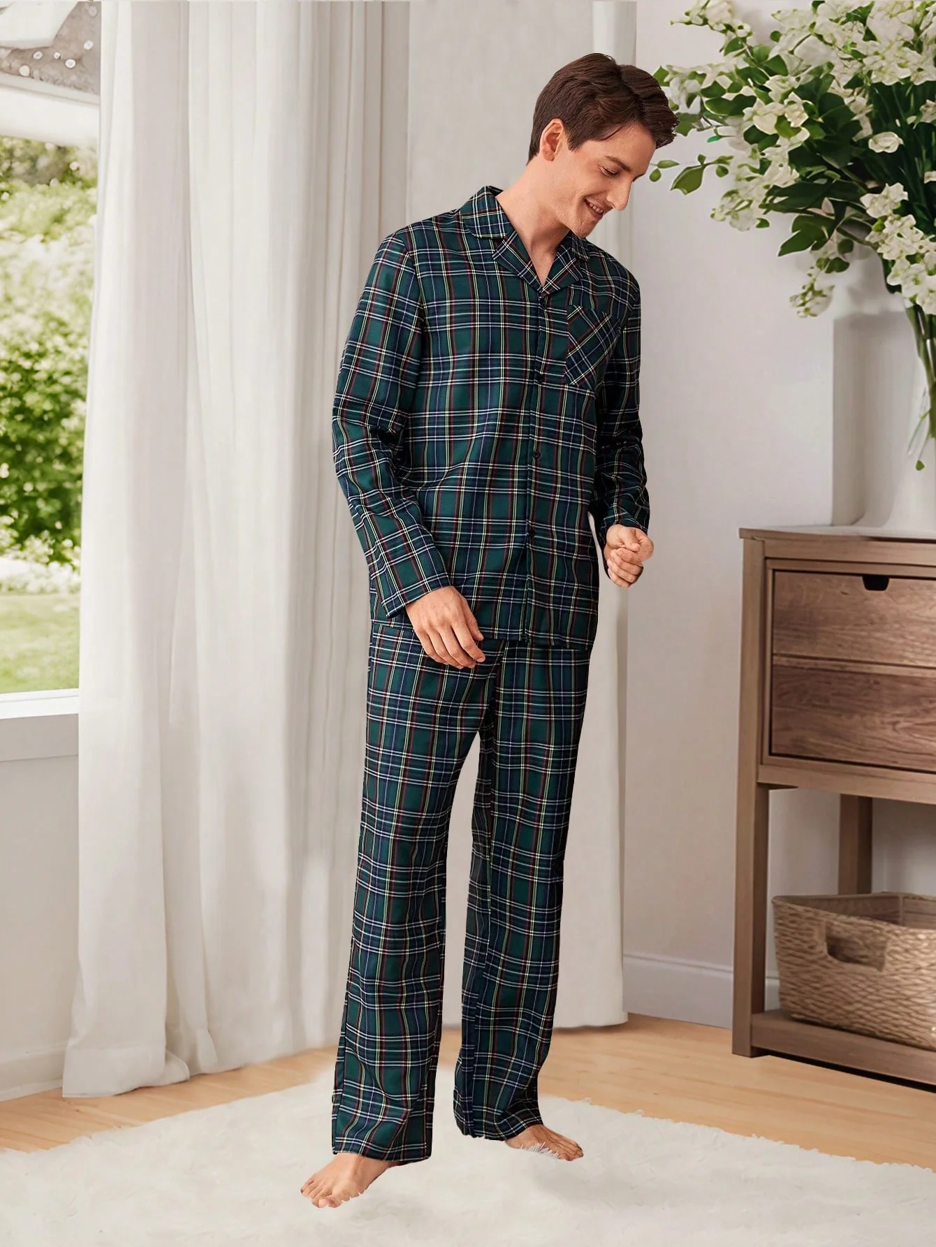 SHEIN Men's Plaid Long Sleeve Top And Pants 2 Pieces Pajama Set - Image 3