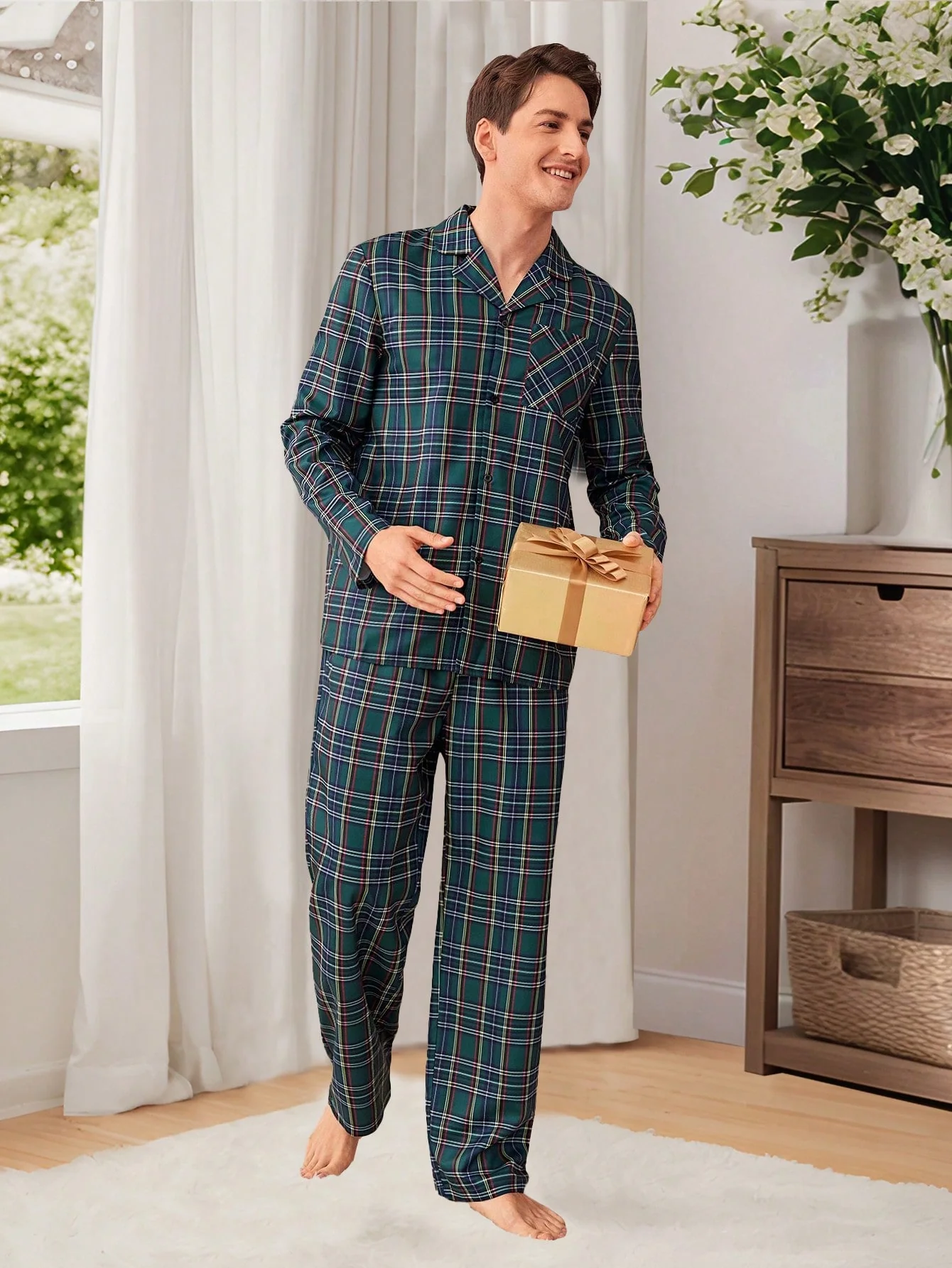 SHEIN Men's Plaid Long Sleeve Top And Pants 2 Pieces Pajama Set - Image 4