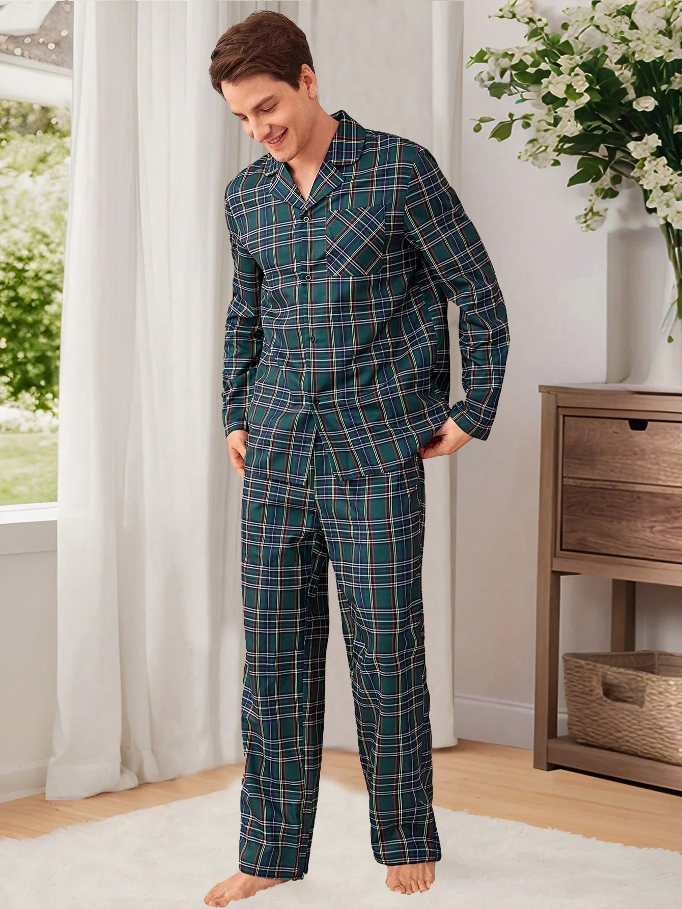 SHEIN Men's Plaid Long Sleeve Top And Pants 2 Pieces Pajama Set - Image 5