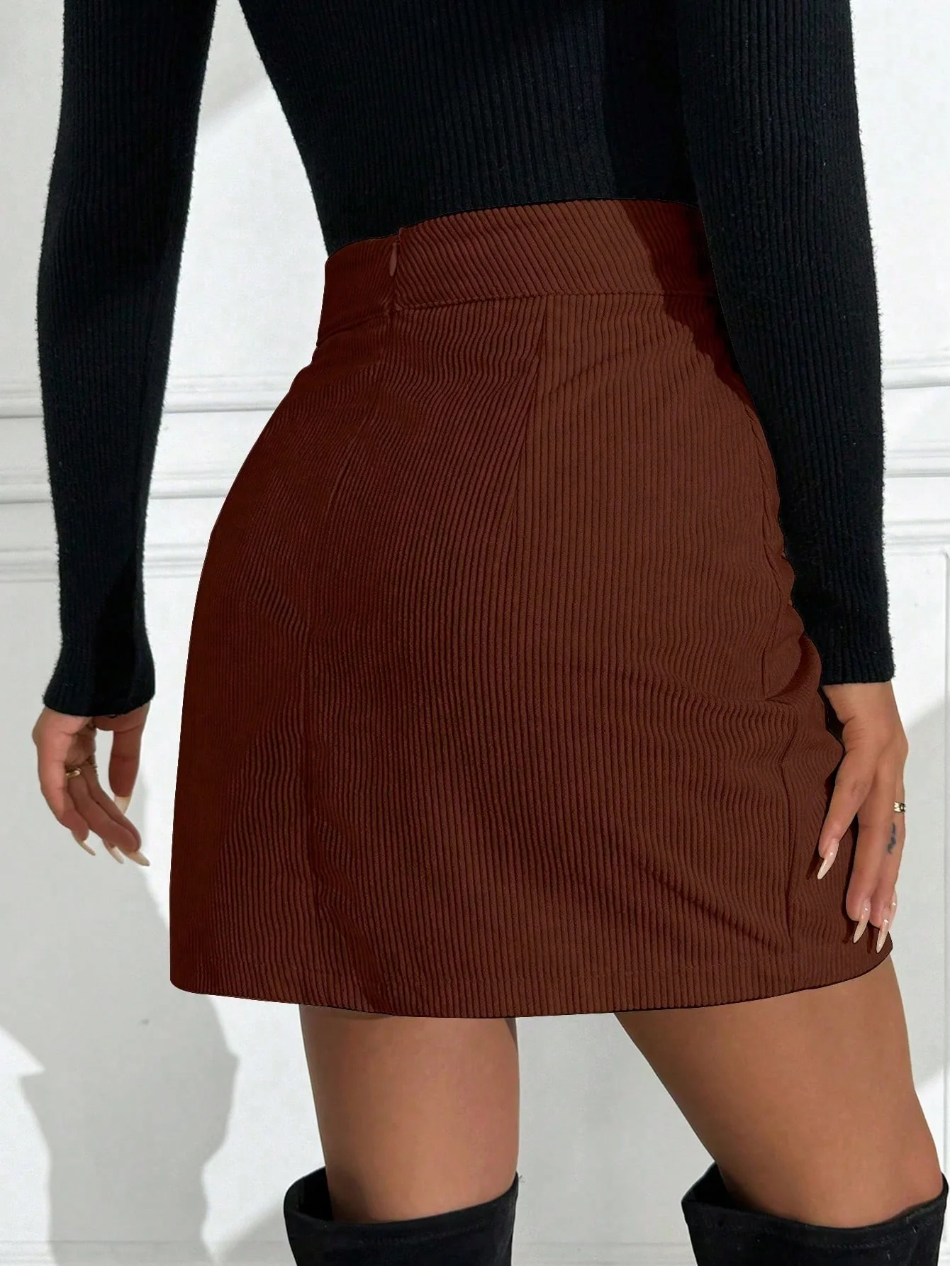 SHEIN PETITE Women's Elegant Solid Color Slit Corduroy A-Line Skirt - Image 3