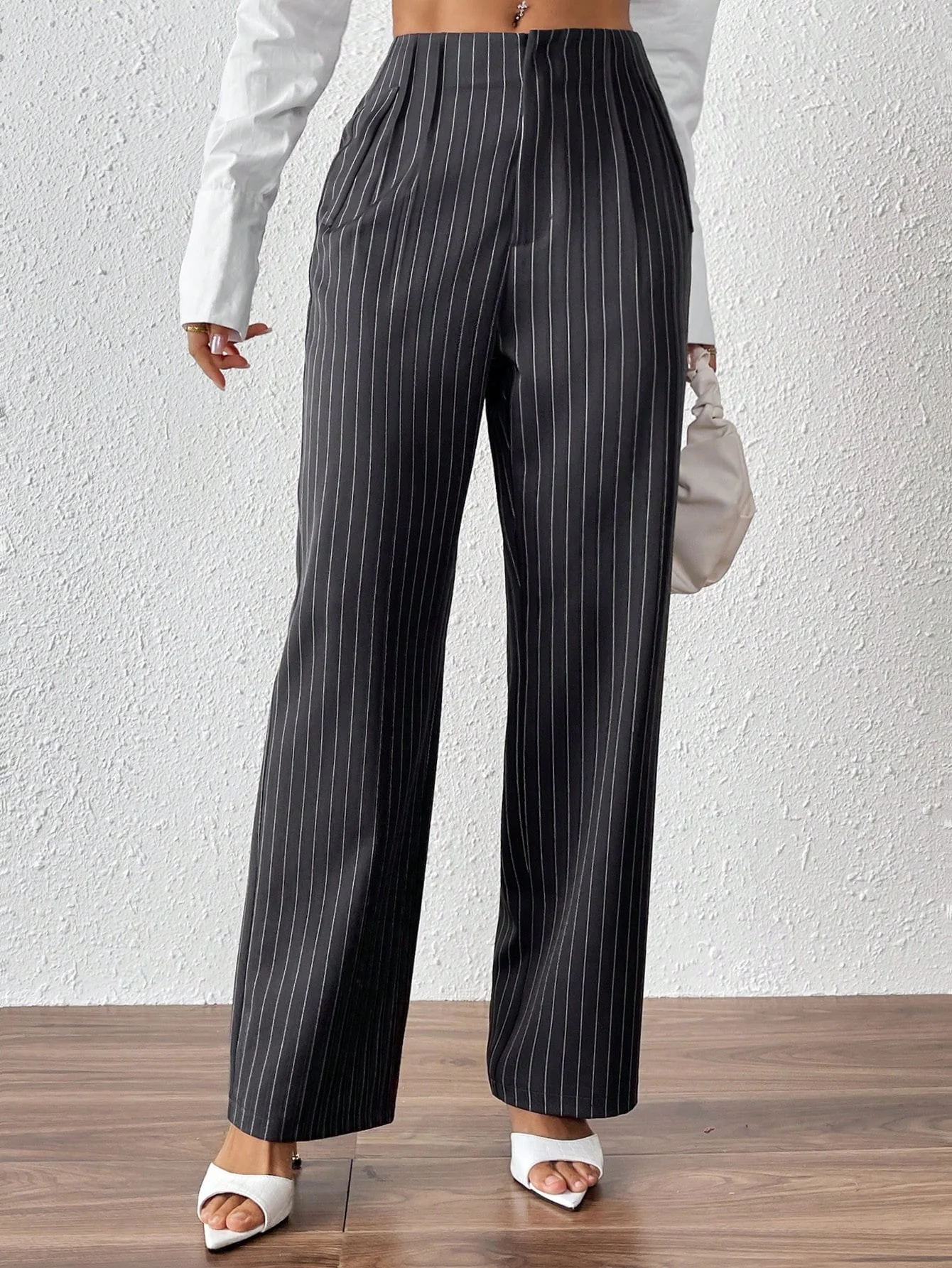 SHEIN PETITE Women's Striped Straight-Leg Loose Casual/Work Pants - Image 4