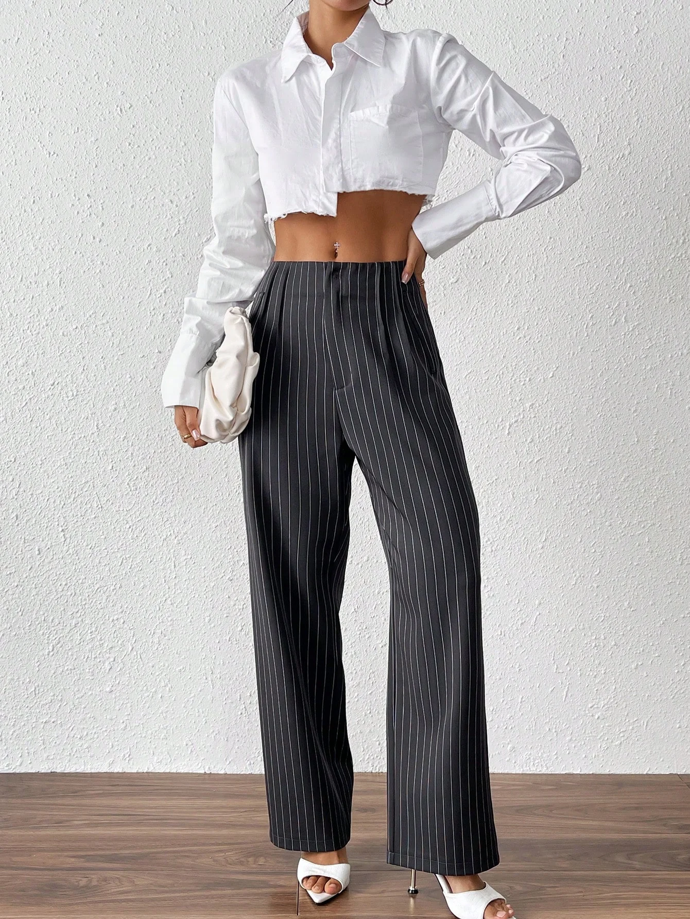 SHEIN PETITE Women's Striped Straight-Leg Loose Casual/Work Pants - Image 5