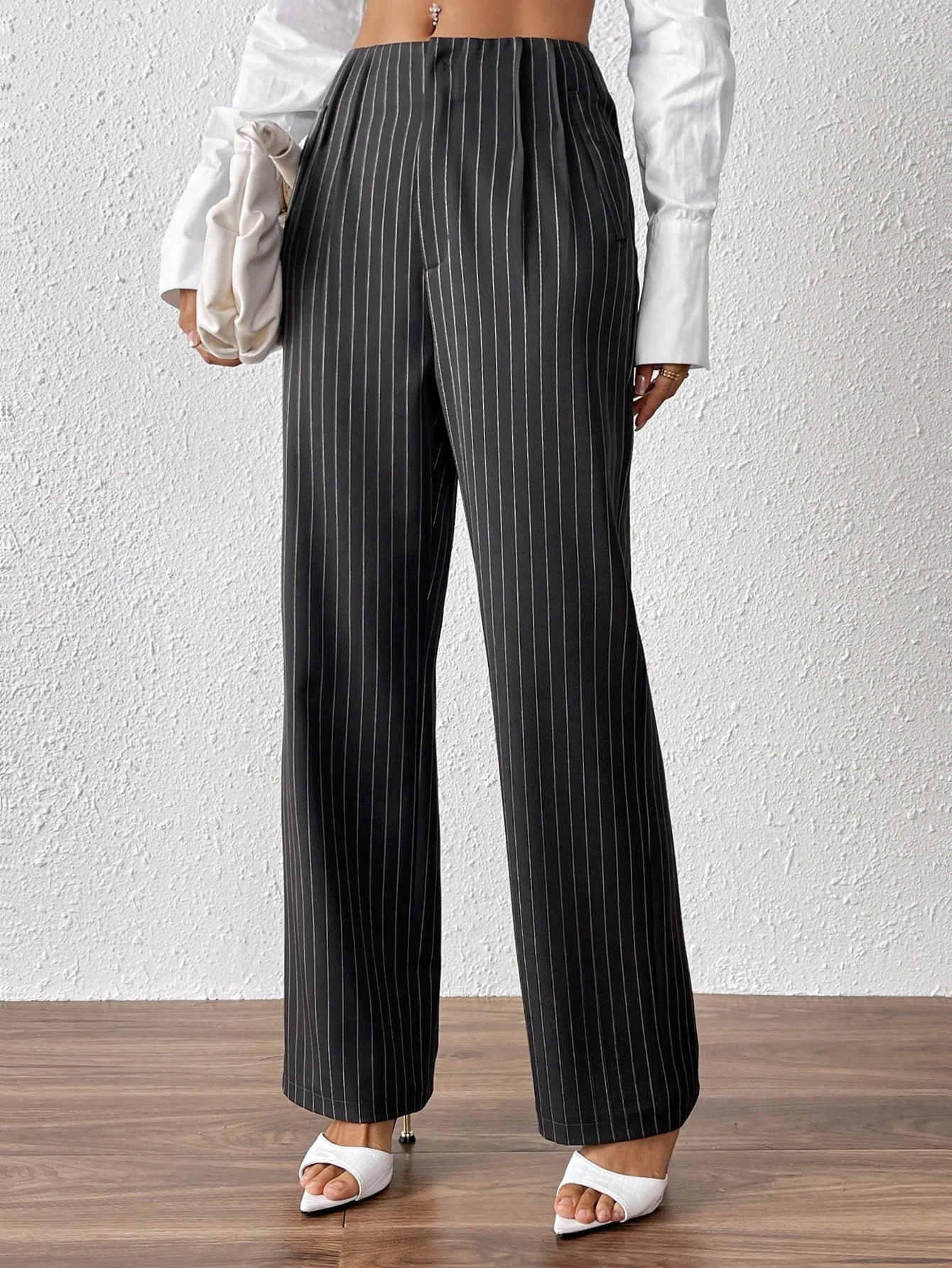 SHEIN PETITE Women's Striped Straight-Leg Loose Casual/Work Pants - Image 6