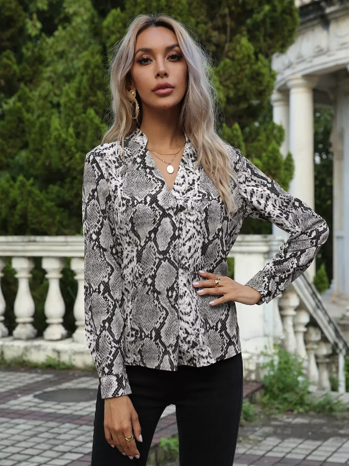 Snakeskin Print Notched Neck Blouse - Image 6
