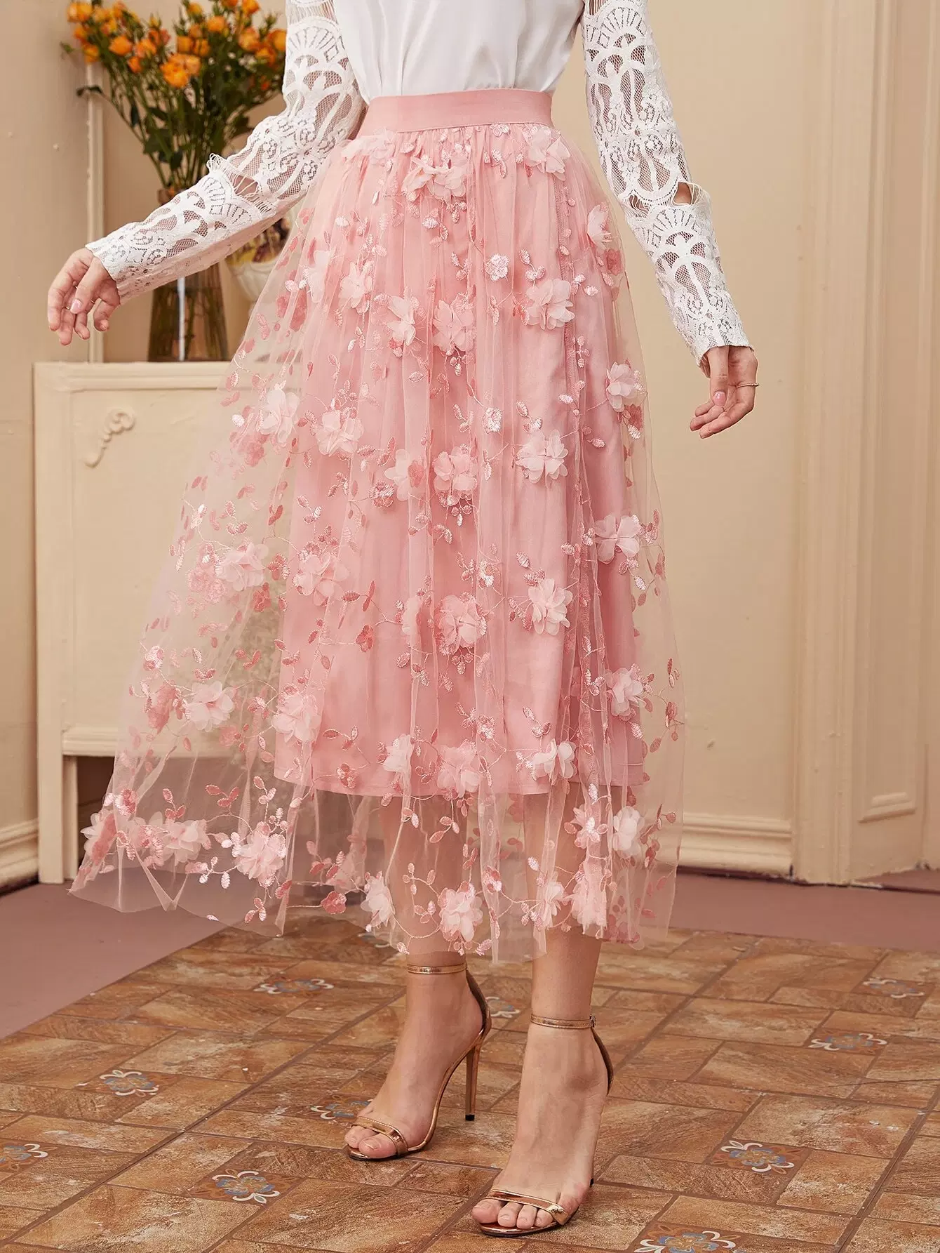 Solid Applique Embroidered Mesh Skirt - Image 4
