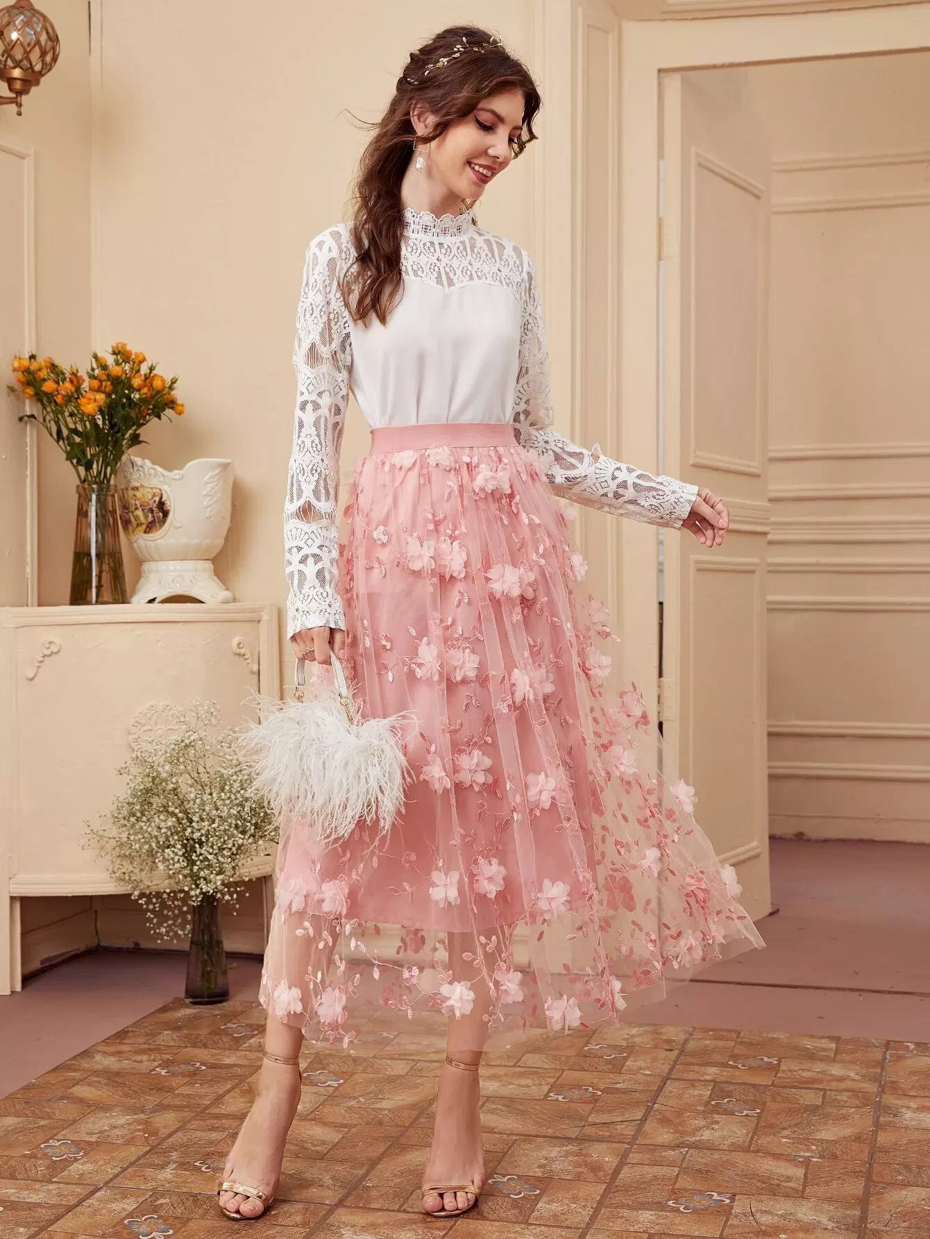 Solid Applique Embroidered Mesh Skirt - Image 5