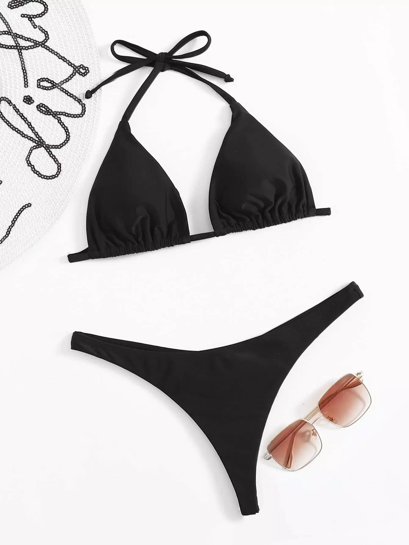 Solid Halter Thong Bikini Swimsuit - Image 3