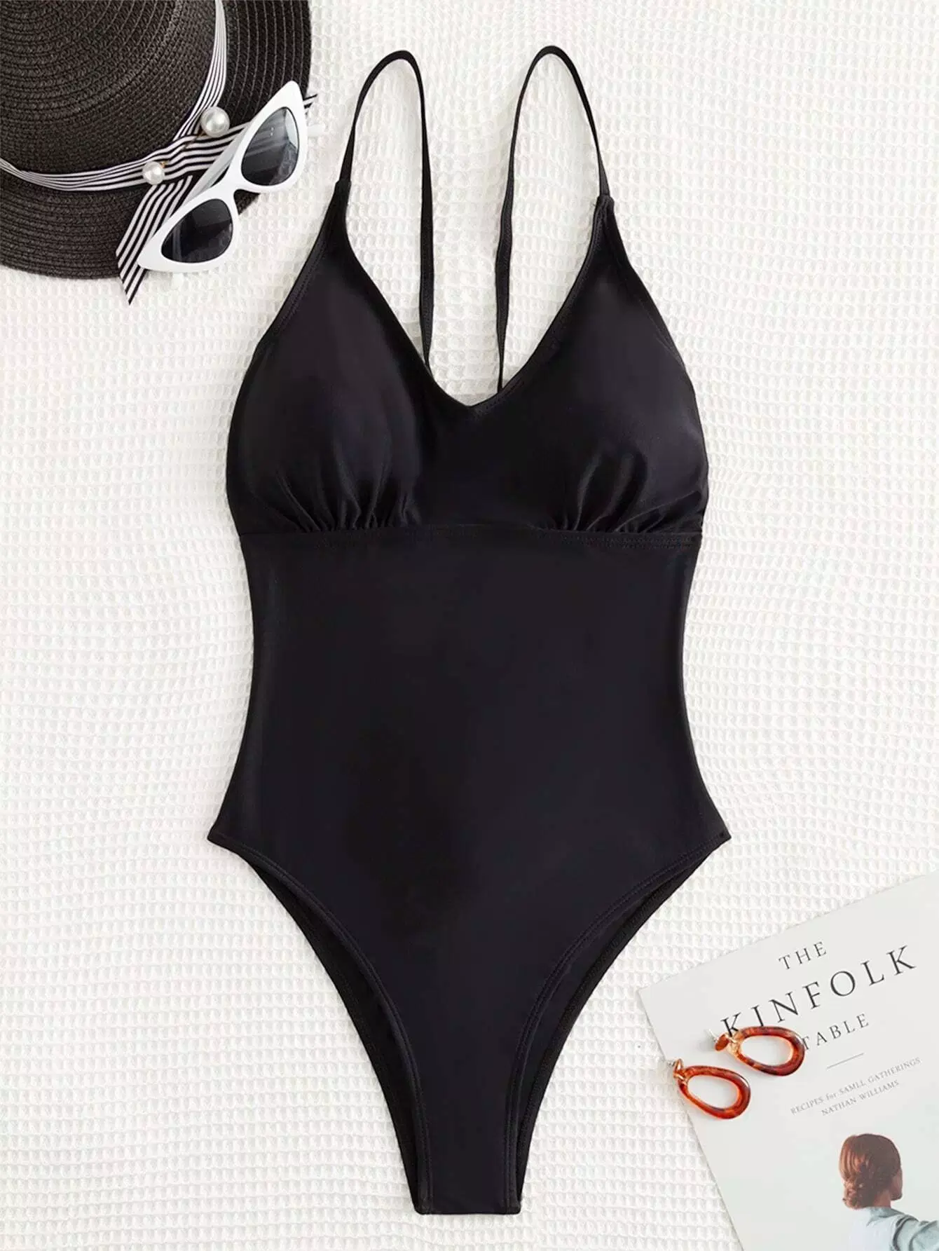 Solid V Neck One Piece Swimsuit - Image 7