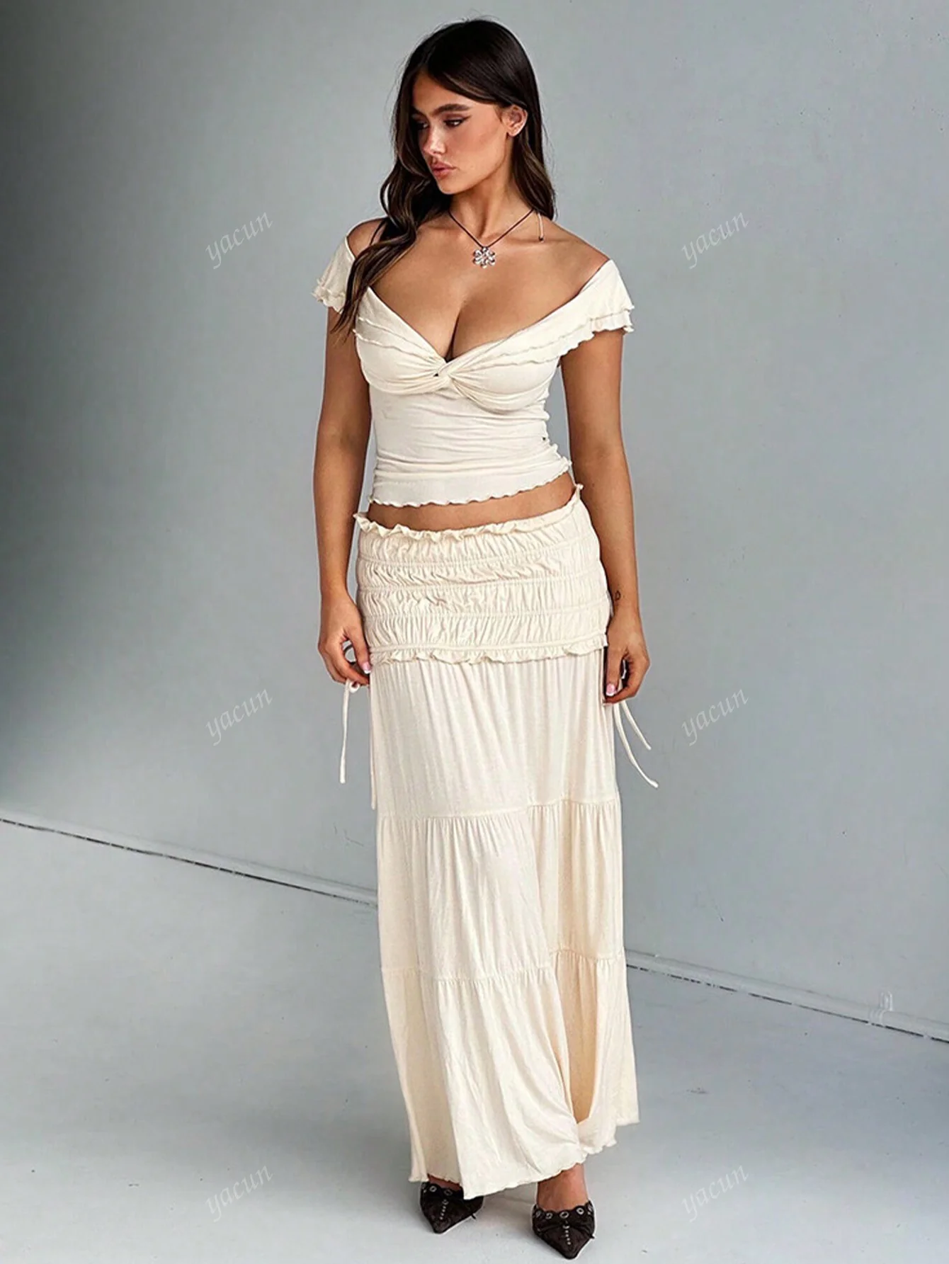 Spring/Summer New V-Neck French Twist Knot Tank Top, Draped Frill Hem Sexy Midi/Skirt Set For Women, - Image 5