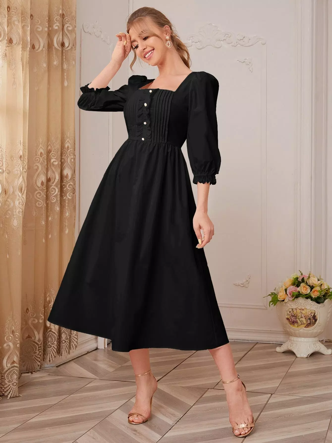 Square Neck Eyelet Embroidered Frill Trim Pleated Front Dress - Image 3
