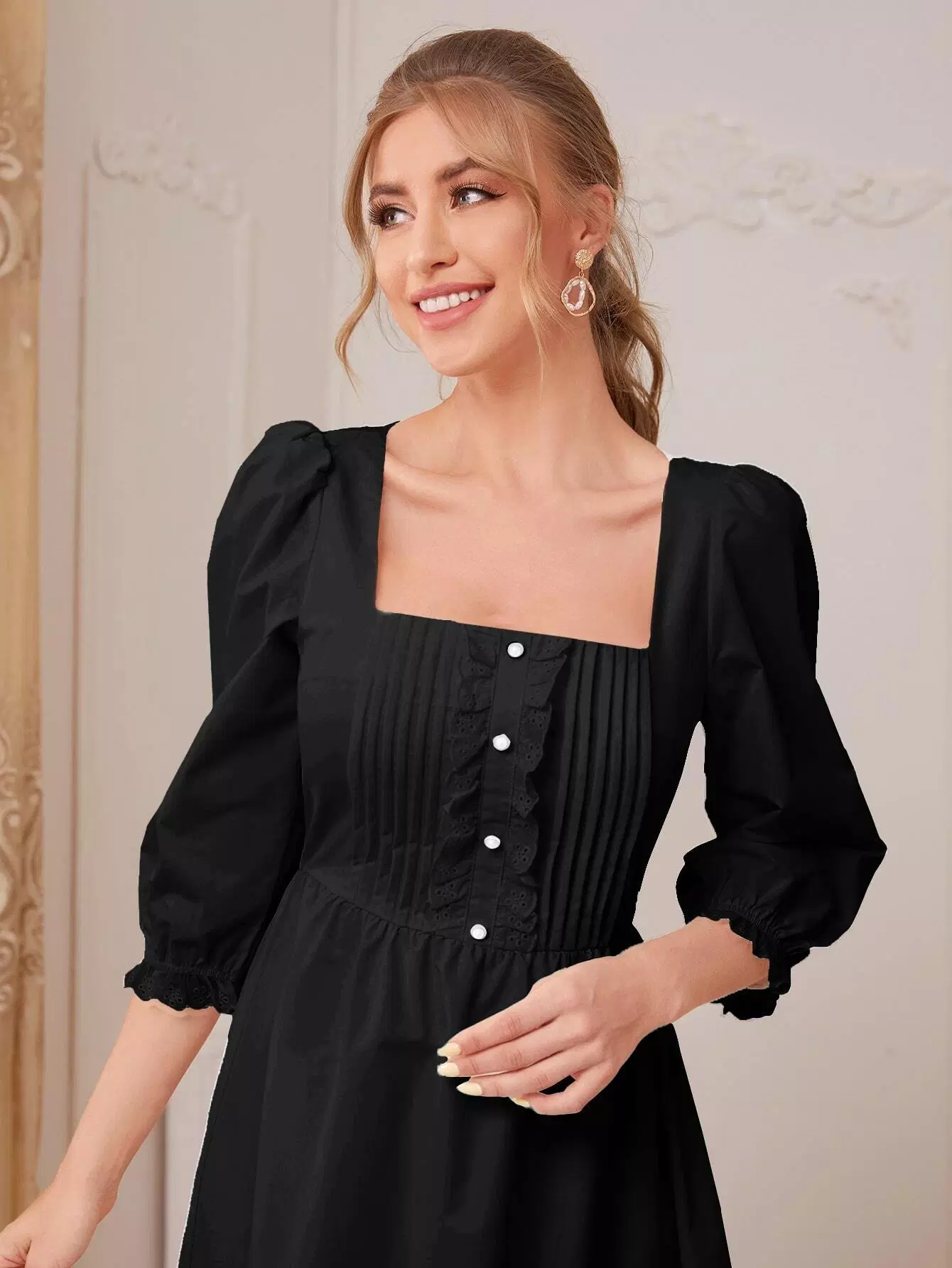 Square Neck Eyelet Embroidered Frill Trim Pleated Front Dress - Image 4